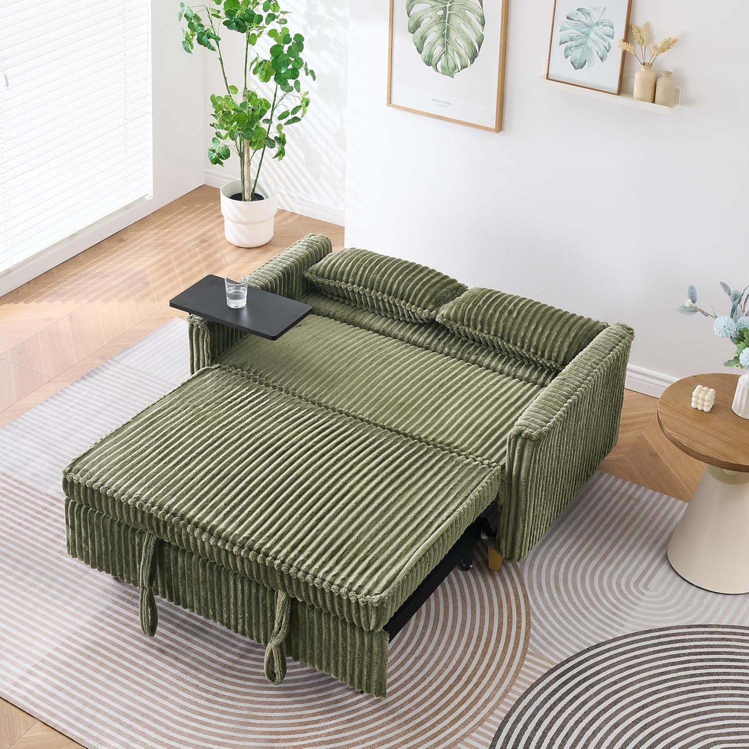 54"W Convertible Sleeper Sofa Bed,3-In-1 Corduroy Pull Out Couch Bed,Futon Loveseat Sleeper Couch with Adjustable Backrest and USB Ports & Side Table,Recliner for Living Room,Office,Small Space,Green