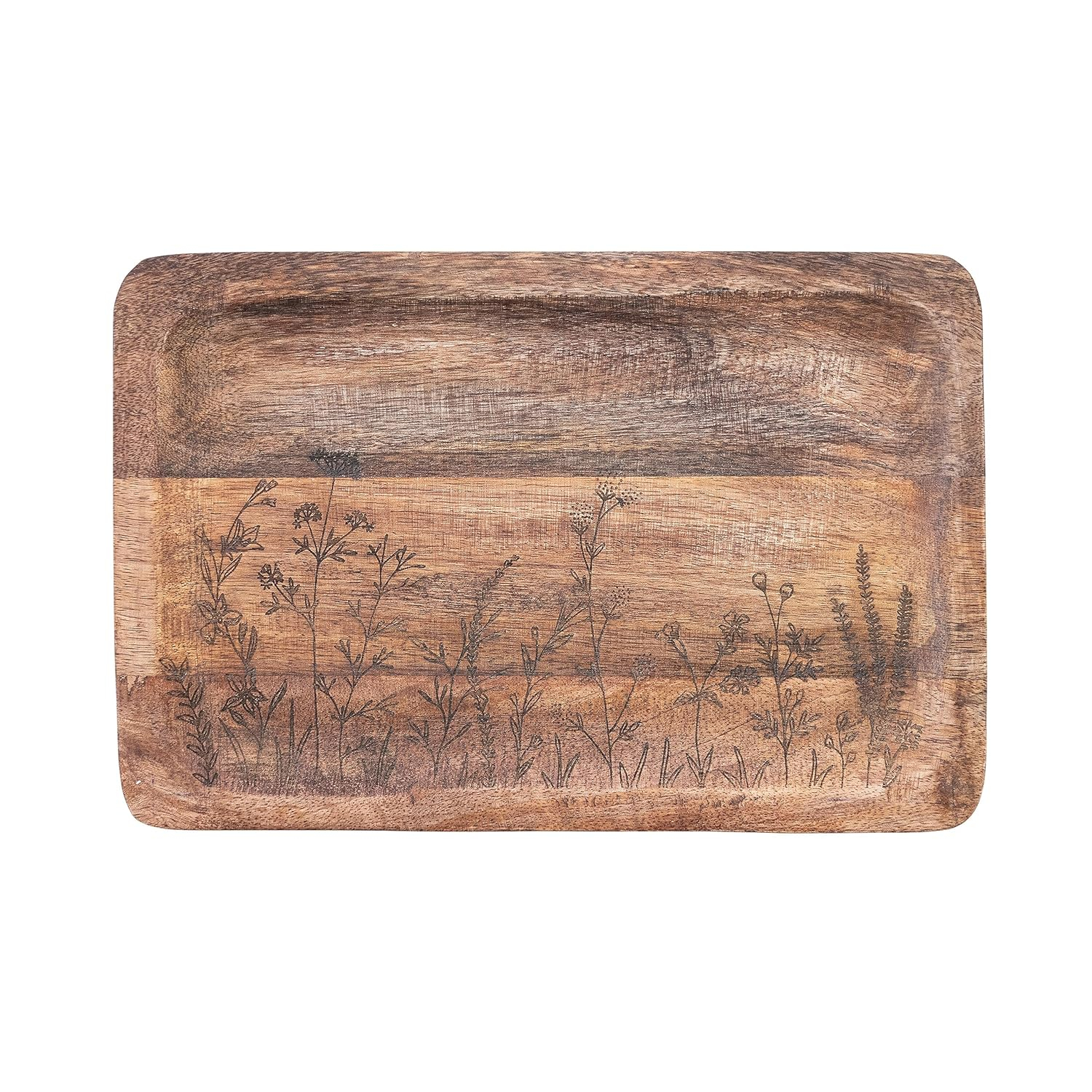 Creative Co-Op 11.75 Inches Mango Wood Laser Etched Botanicals, Natural Tray