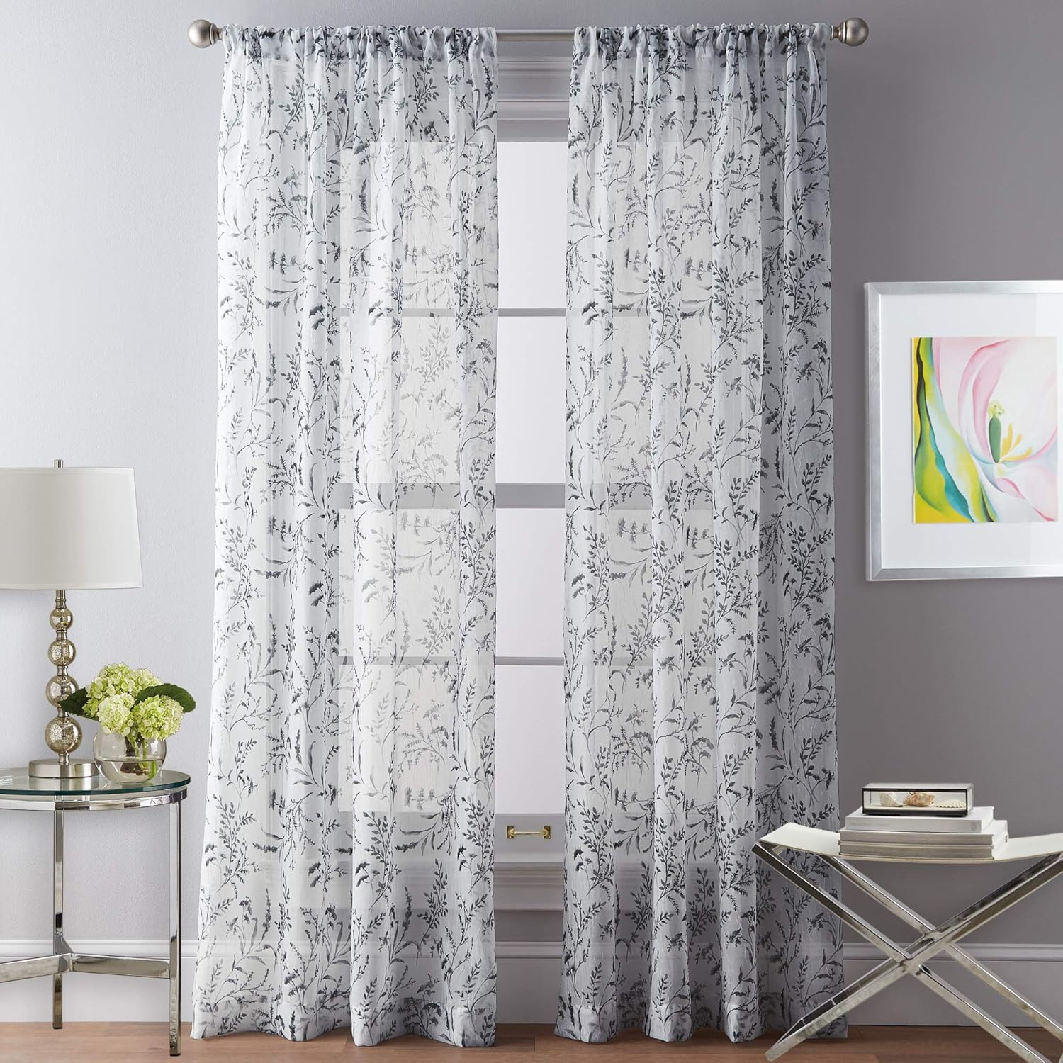 CHF Santa Barbara 84" Curtain Panel, Floral, Gray, Adult