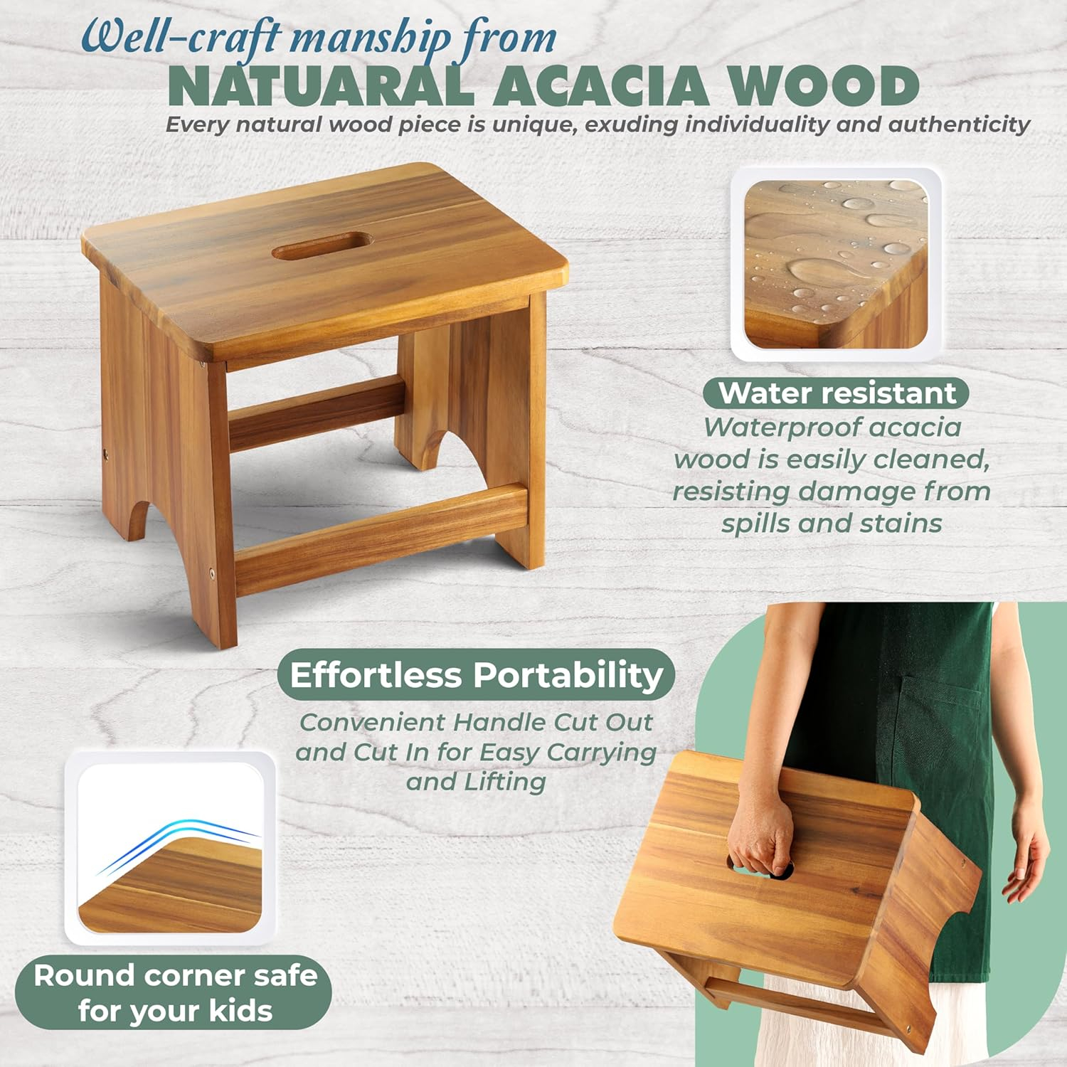 Wooden Step Stool, 13'' Heavy Duty Step Stool for Adults with Convenient Handle, Wooden Stepping Stool Hold up to 500 lbs, Heavy Duty/Nonslip/Durable Construction Safe Step Stool for Bedroom/Kitchen