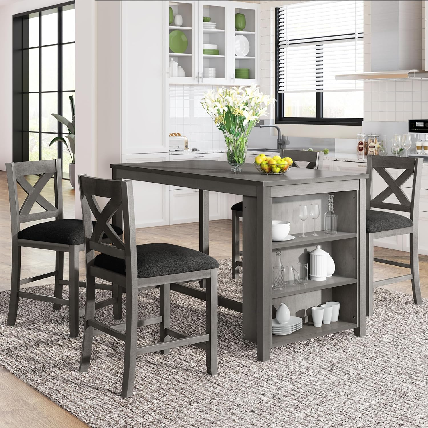 Charming Gray 5-Piece Counter Height Dining Set by TOPMAX: Rustic Farmhouse Wooden Bar Table & 4 Chairs