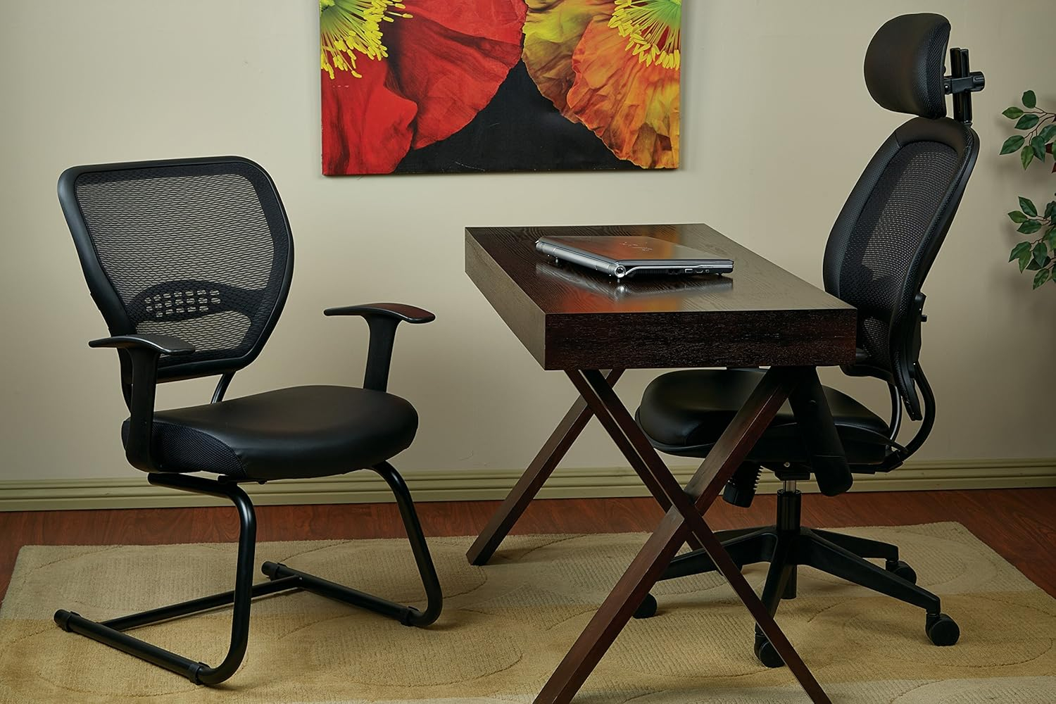 Professional Air Grid Back Visitors Chair with Bonded Leather Seat in Black