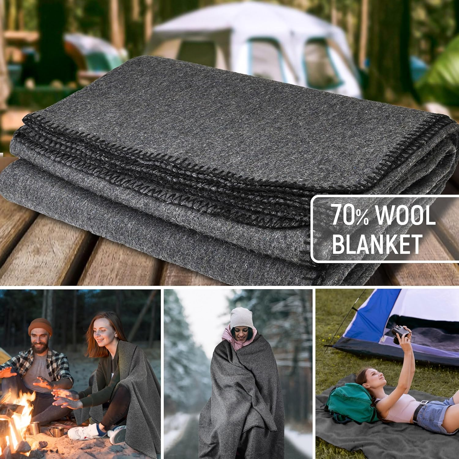 Jmr Usa Inc. Military Wool Blanket for Camping, Emergency and Everyday Use, Fire Retardant Extra Thick and Warm Outdoor Wool Blanket, 80% Wool, Grey, Size 66X90.