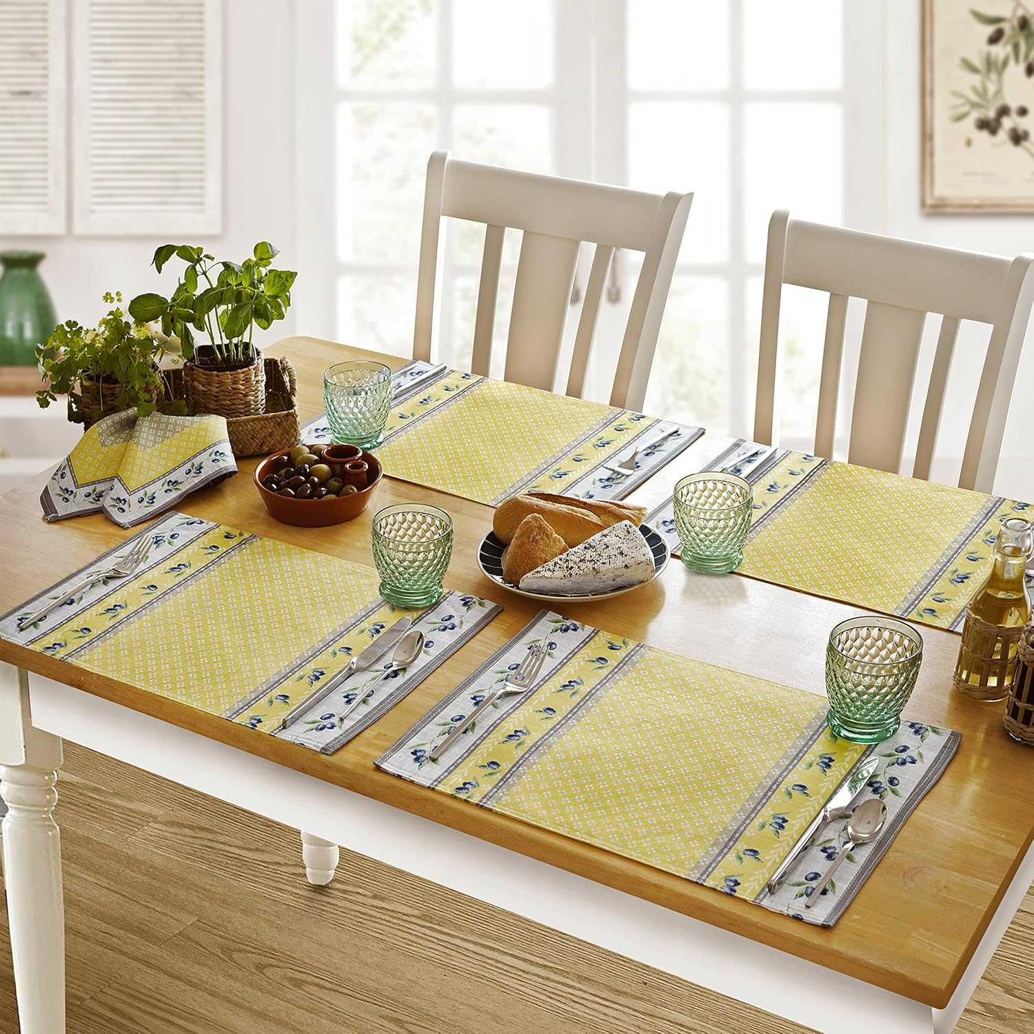 Home Bargains Plus Rectangle Fabric Tablecloth, 60 x 120 inch, Olivier Yellow and Grey Country Olive