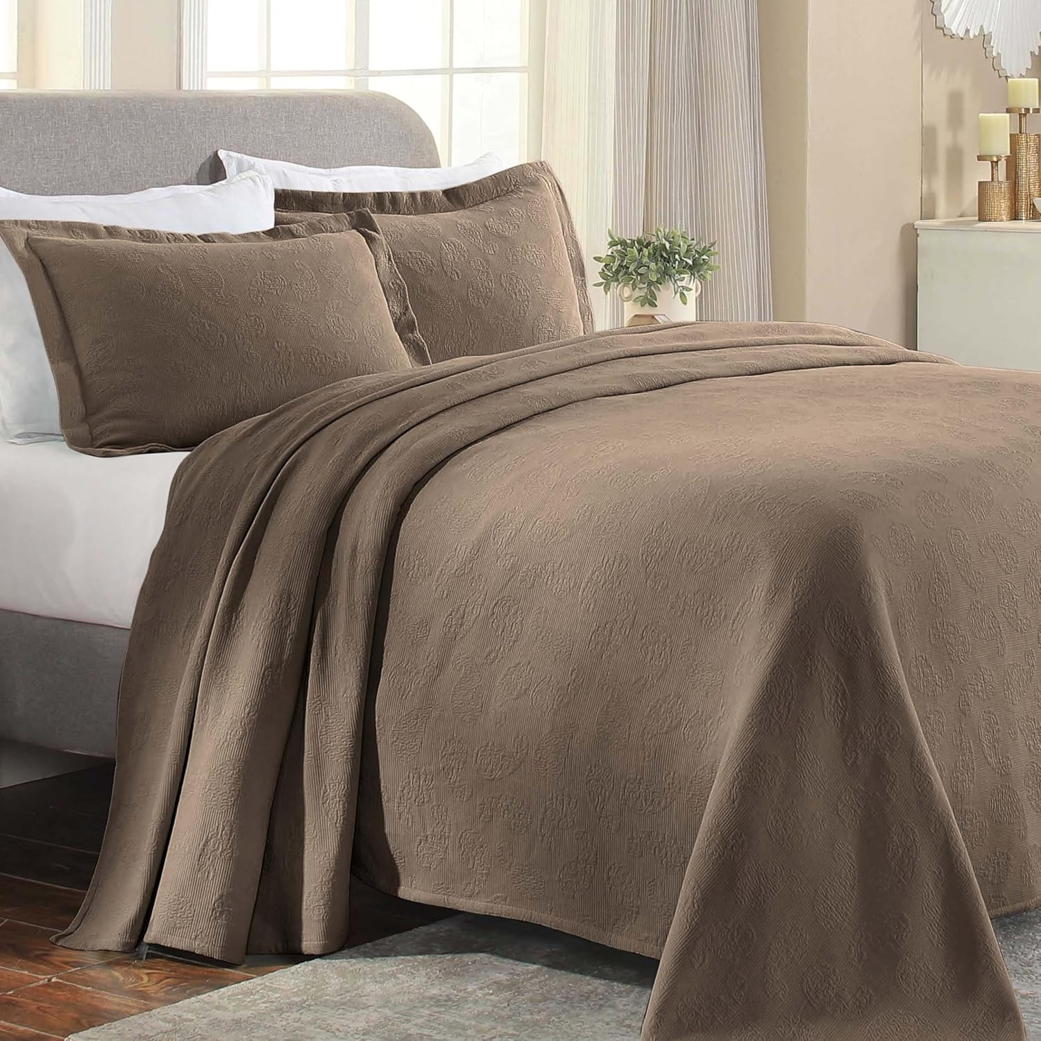 Superior Paisley Cotton Decorative Bedspread and Sham Set, Full, Taupe