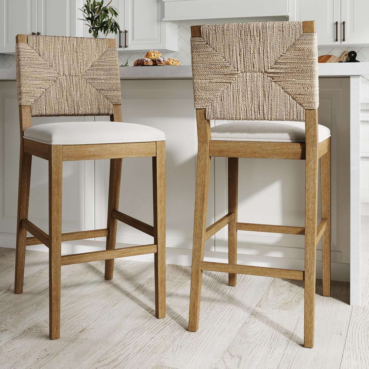 Beacon Light Brown Wood Bar Stool with Cream Boucle Upholstery