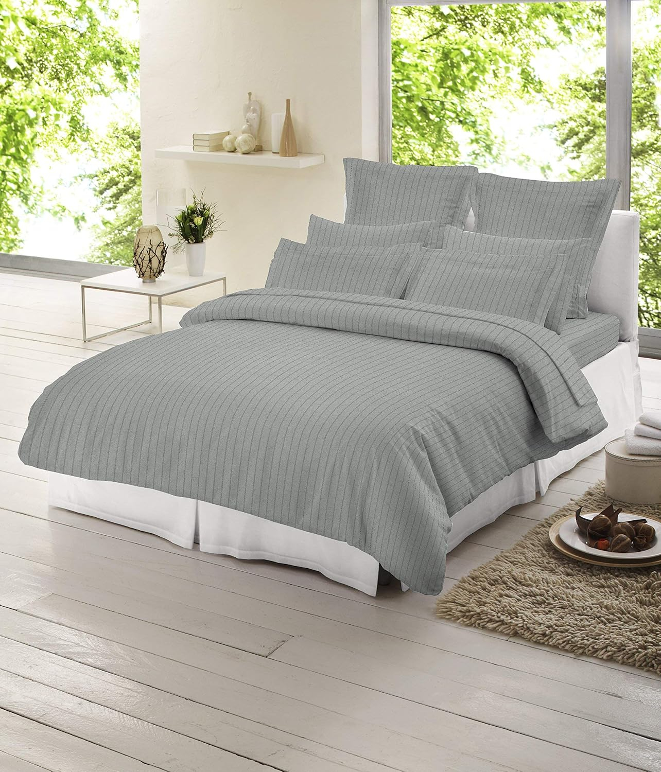 Dormisette  Luxury German Flannel 6-ounce Hemstitch Bed Sheet Set heather light grey stripe Queen Flannel, Cotton Striped Farmhouse, Modern &