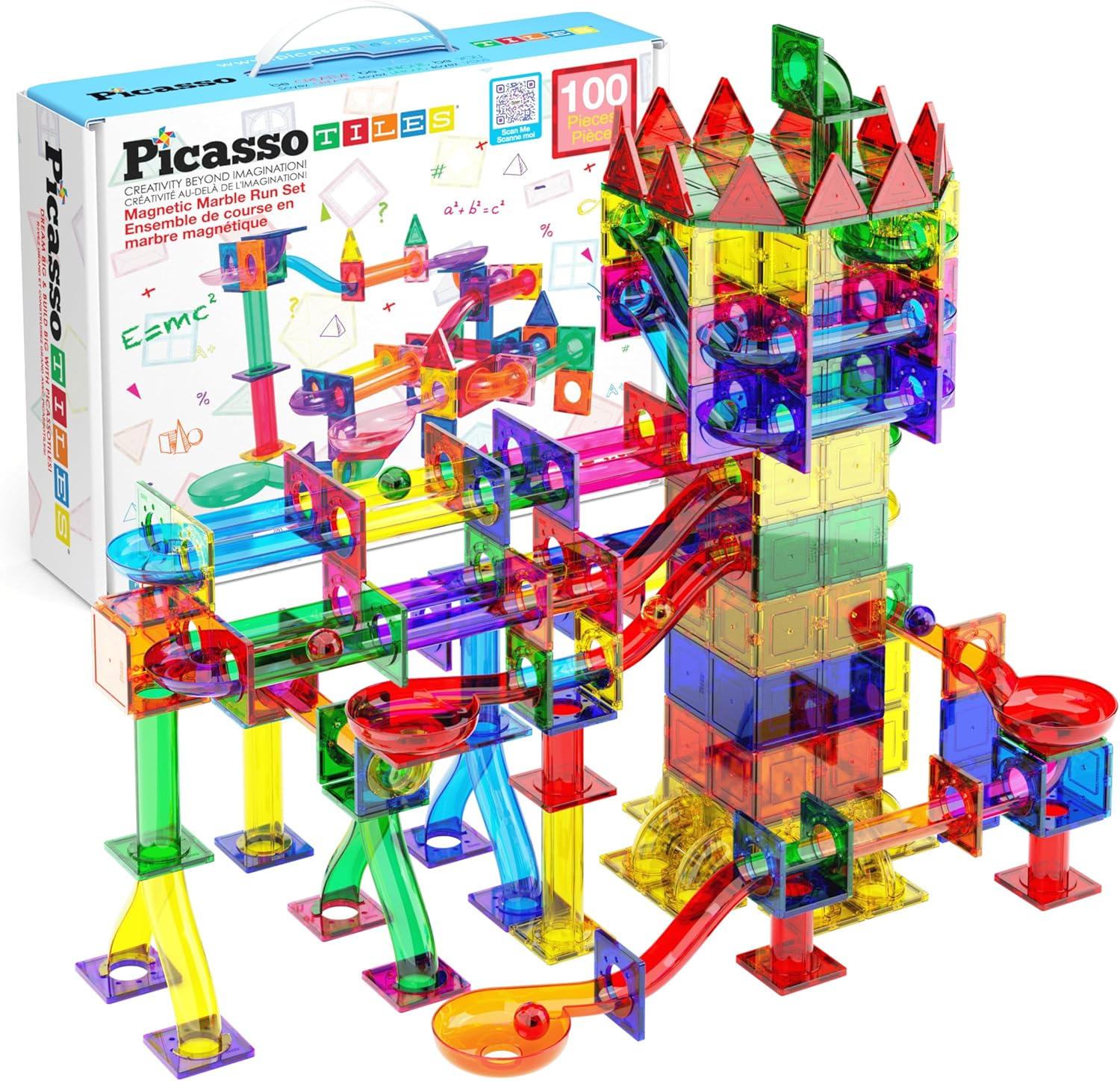 PICASSO-TILES Marble Run Magnetic Tiles for Kids, 100PCS, Construction Magnet Tiles Race Track Building Blocks STEM Toy