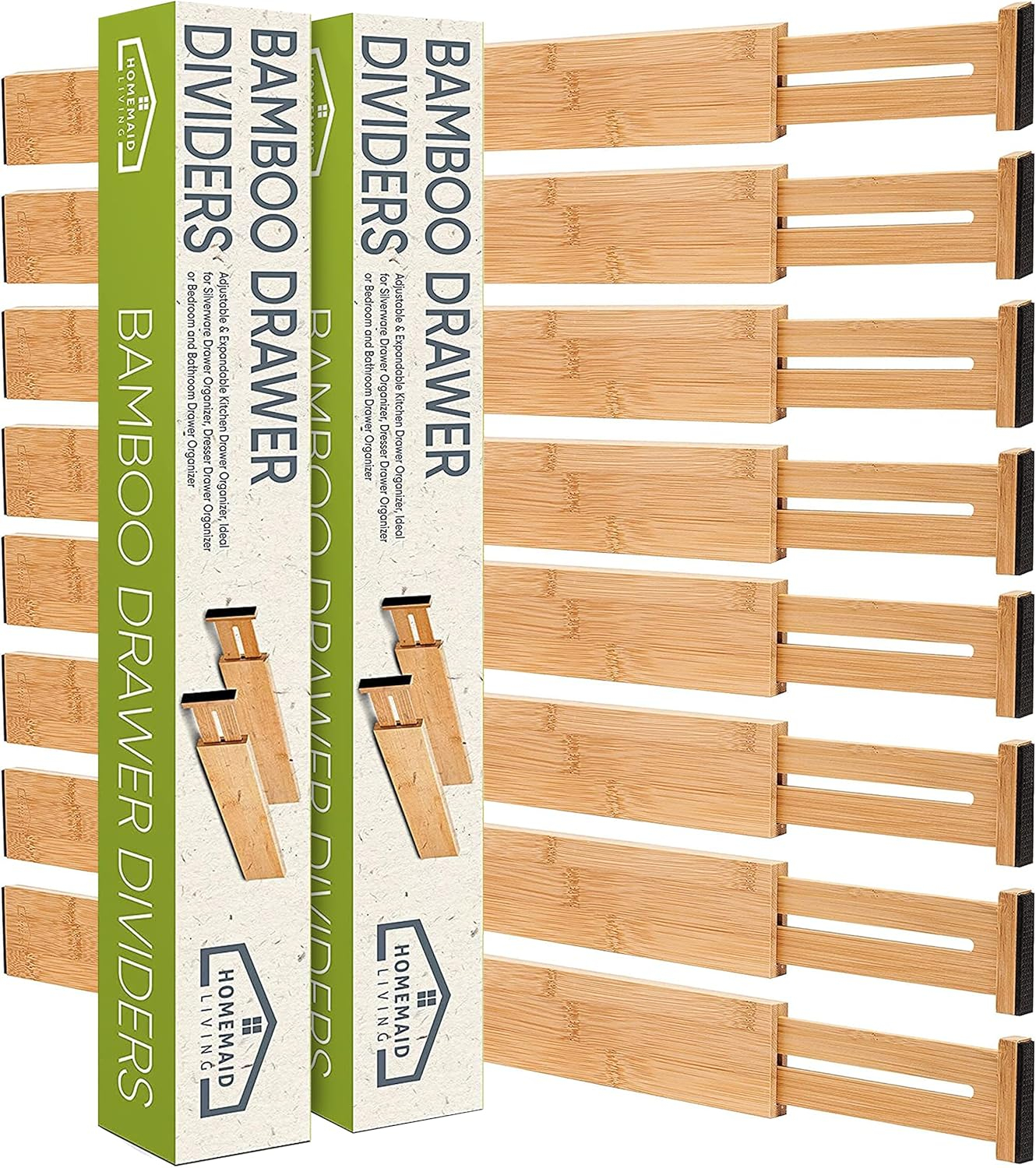 Homemaid Living Bamboo Drawer Dividers Adjustable & Expandable, Kitchen Drawer Organizer, Ideal for Silverware Drawer Organizer, Dresser Drawer Organizer or Bedroom & Bathroom Drawer Organizer (8pk)