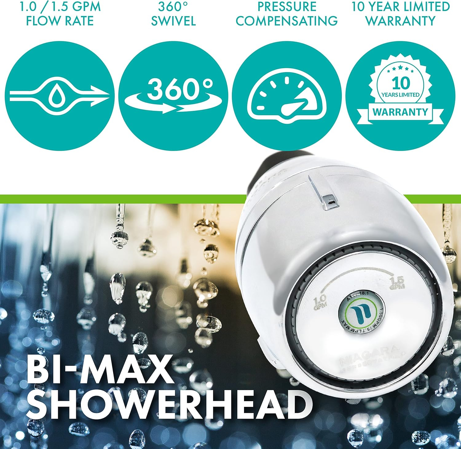 Niagara Conservation N2610CH Bi-Max 1-Spray with 1.0-1.5 GPM 2.125-in. Wall Mount Adjustable Fixed Shower Head in Chrome, 1-Pack | Bathroom Shower Head Sprayer with Pressure Compensation