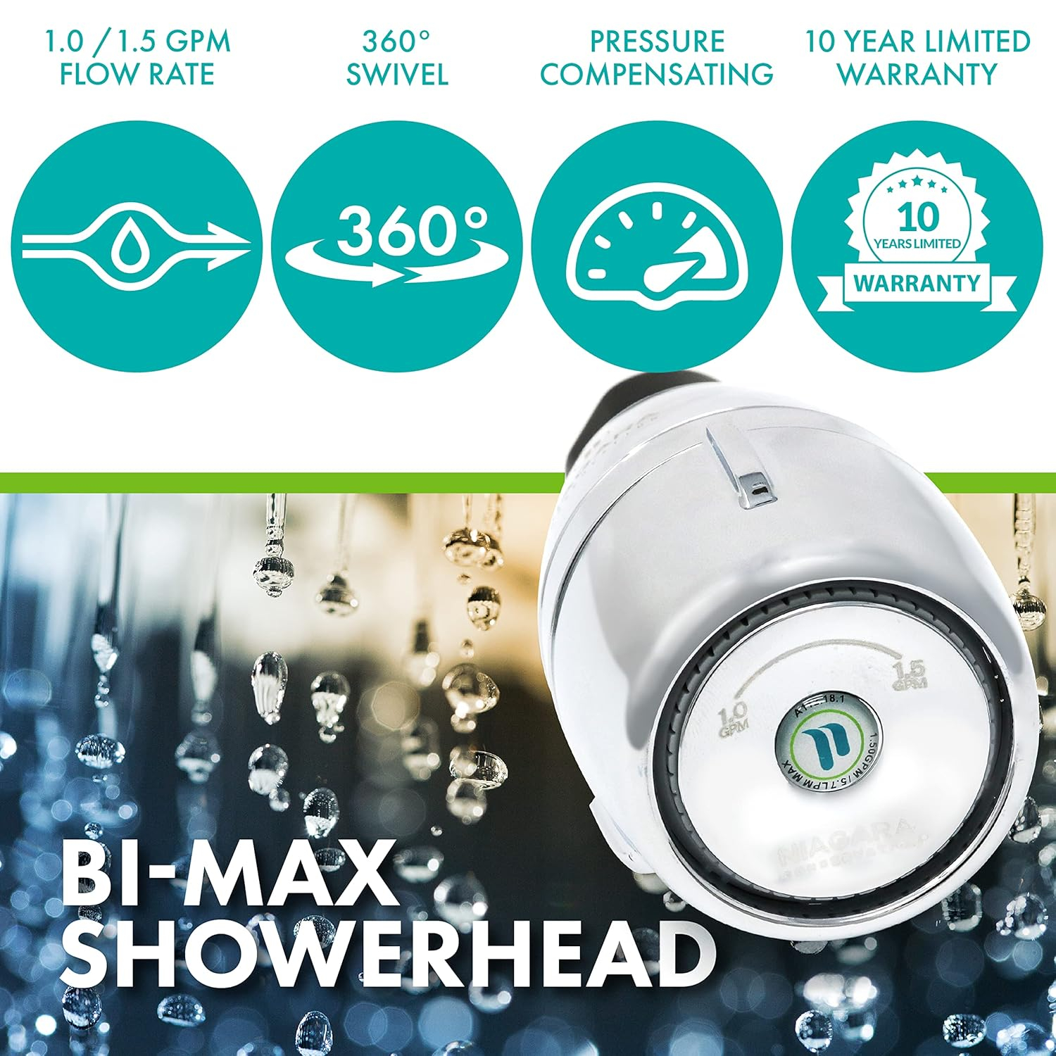 Niagara Conservation N2610CH Bi-Max 1-Spray with 1.0-1.5 GPM 2.125-in. Wall Mount Adjustable Fixed Shower Head in Chrome, 1-Pack | Bathroom Shower Head Sprayer with Pressure Compensation