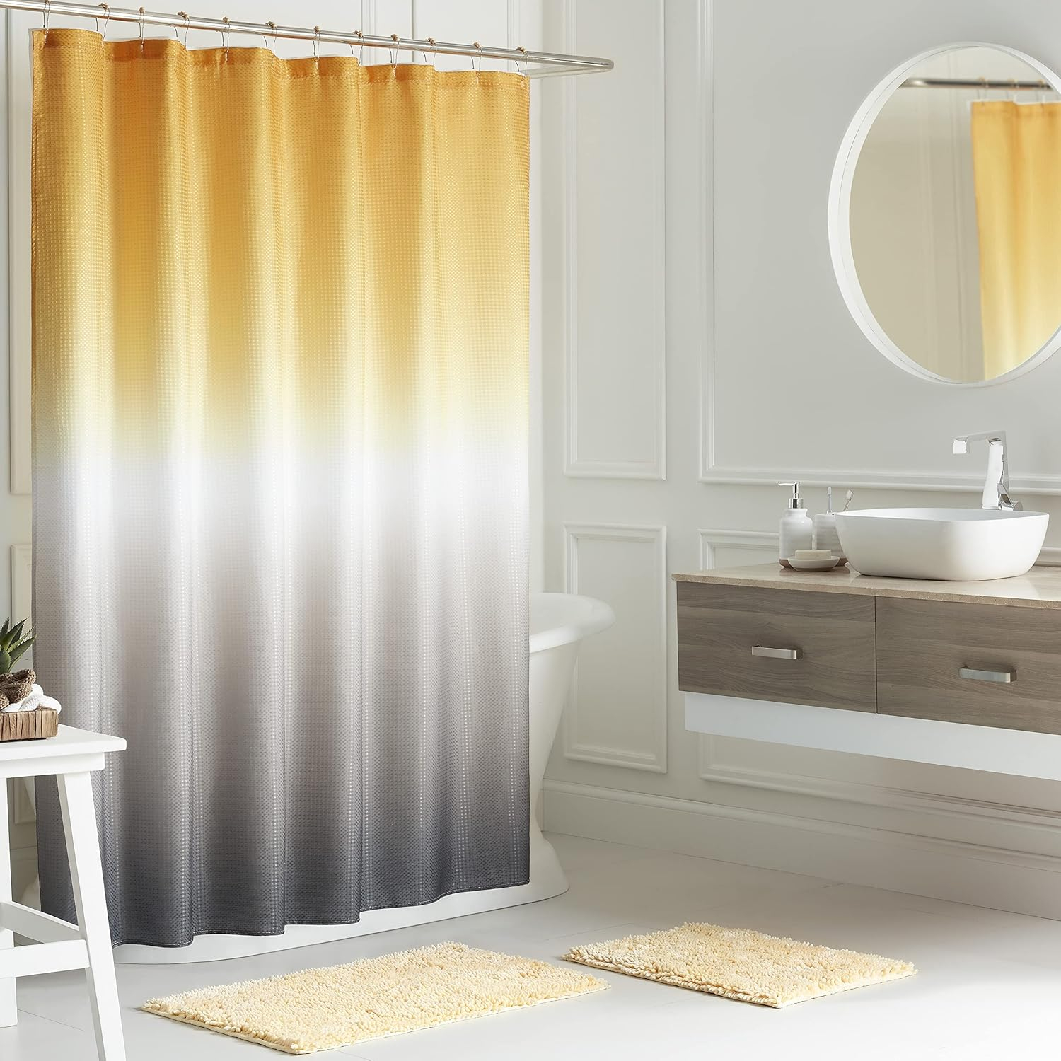 Creative Home Ideas Bathroom Sets with Shower Curtain and Rugs| Shower Curtain Sets with Rugs, Shower Curtain, Liner Set, 2 Chenille Bathmats and 12 Hooks |70 x72| Golden Yellow/White/Grey Ombre