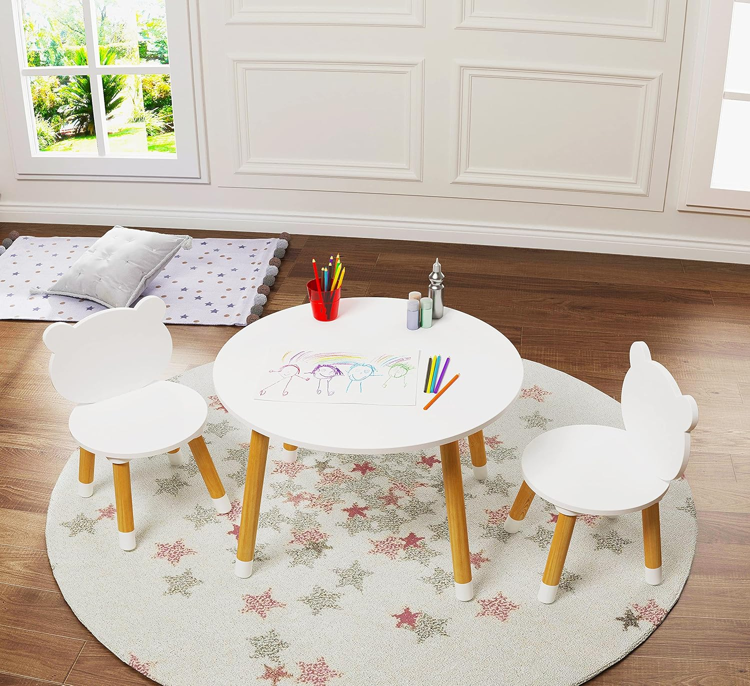 UTEX Kids Wood Table and Chair Set, Kids Play Table with 2 Chairs,3 Pieces Kids Round Table for Toddlers, Girls, Boys,White