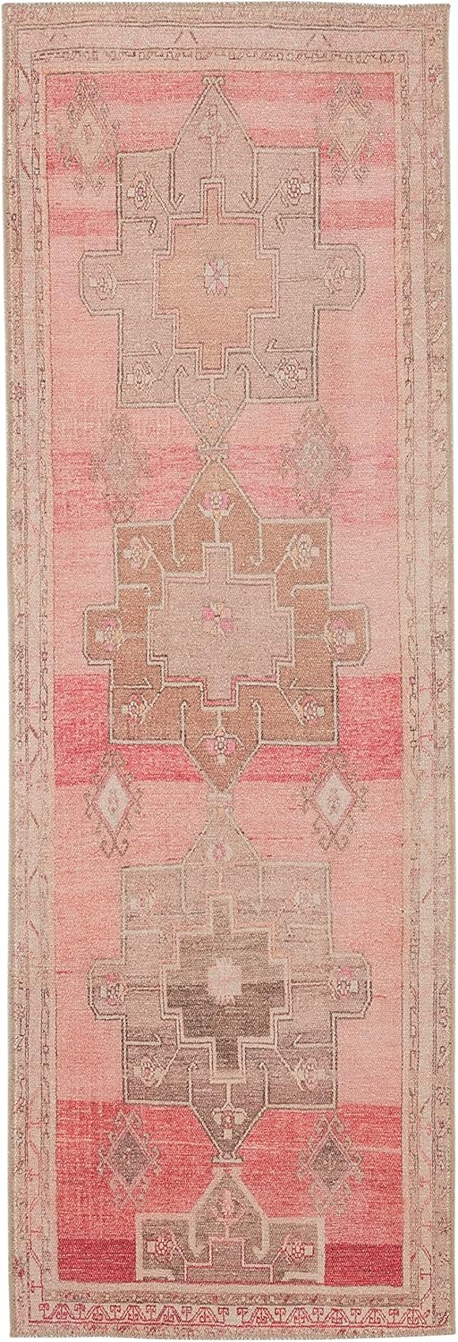 Gray and Pink Synthetic Medallion Runner Rug, 3 x 8 ft