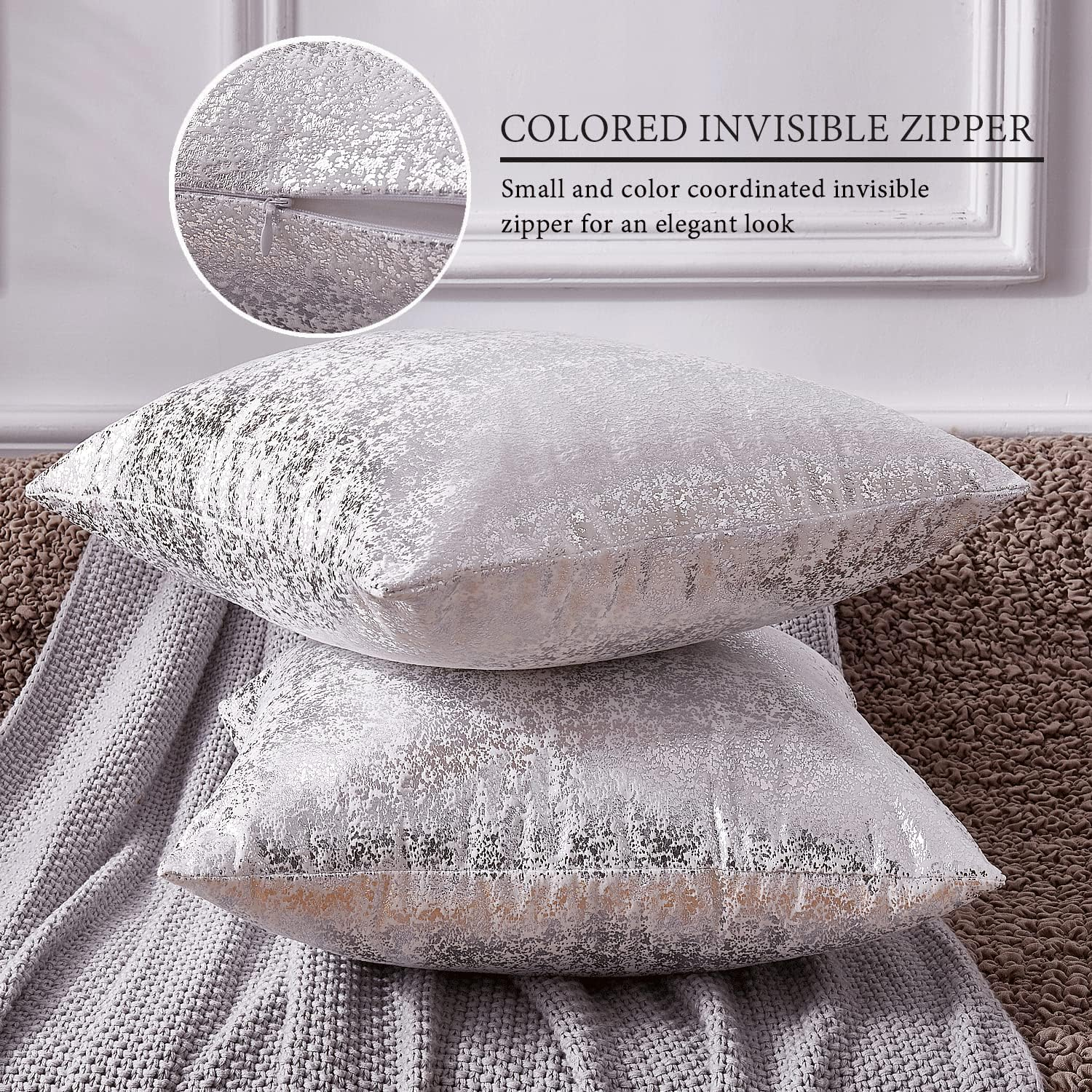 Silver Velvet Bliss Pillow Covers - Set of 2 White 18x18 Decorative Square Throw Pillows for Home Decor. Ideal for Bedroom, Living Room, Couch, Bed, and Sofa. Luxurious White and Silver Design.