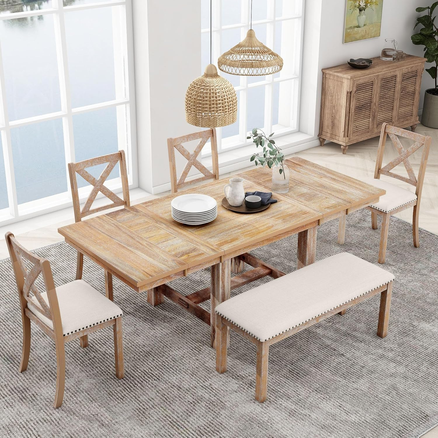 Natural Acacia Wood Extendable Dining Table Set with Beige Upholstered Chairs and Bench