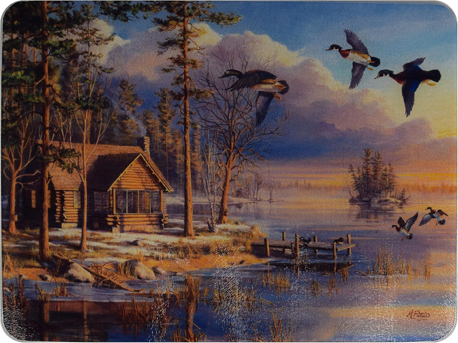 Rivers Edge Products Large 12in x 16in Decorative Tempered Glass Cutting Board, Hypoallergenic, Non Slip, Textured Surface Chopping Board for Kitchen, Cabin in the Woods, Spring Arrivals