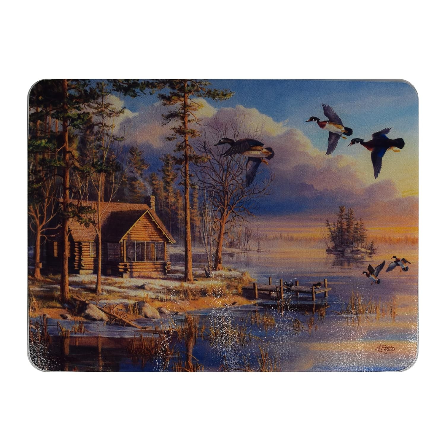 Rivers Edge Products Large 12in x 16in Decorative Tempered Glass Cutting Board, Hypoallergenic, Non Slip, Textured Surface Chopping Board for Kitchen, Cabin in the Woods, Spring Arrivals