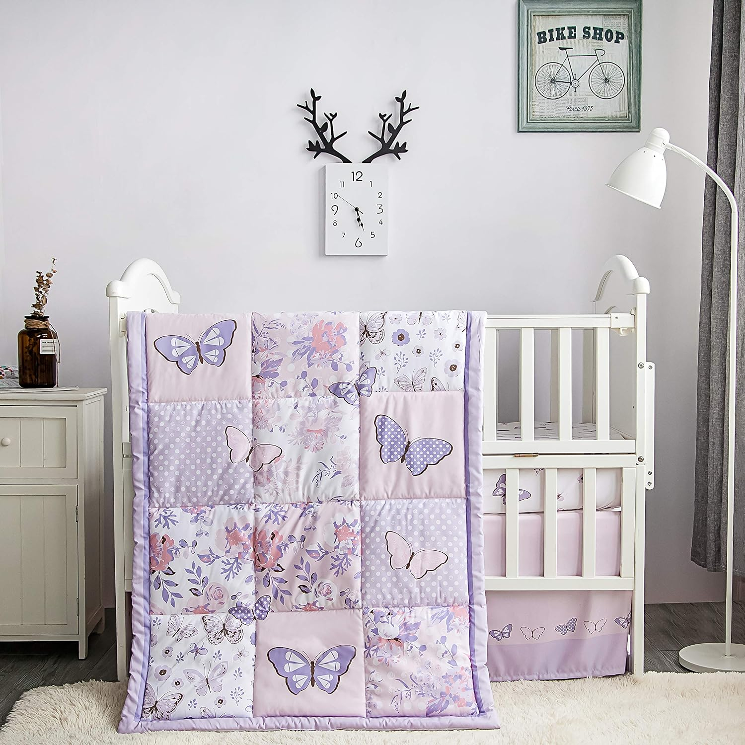 La Premura 3-Piece Purple Butterfly Baby Crib Bedding Set for Girls, Lilac Standard Size Crib Set for Baby Girl, Comforter, Fitted Sheet, and Dust Ruffle Skirt, Baby Nursery Floral Design for Girls