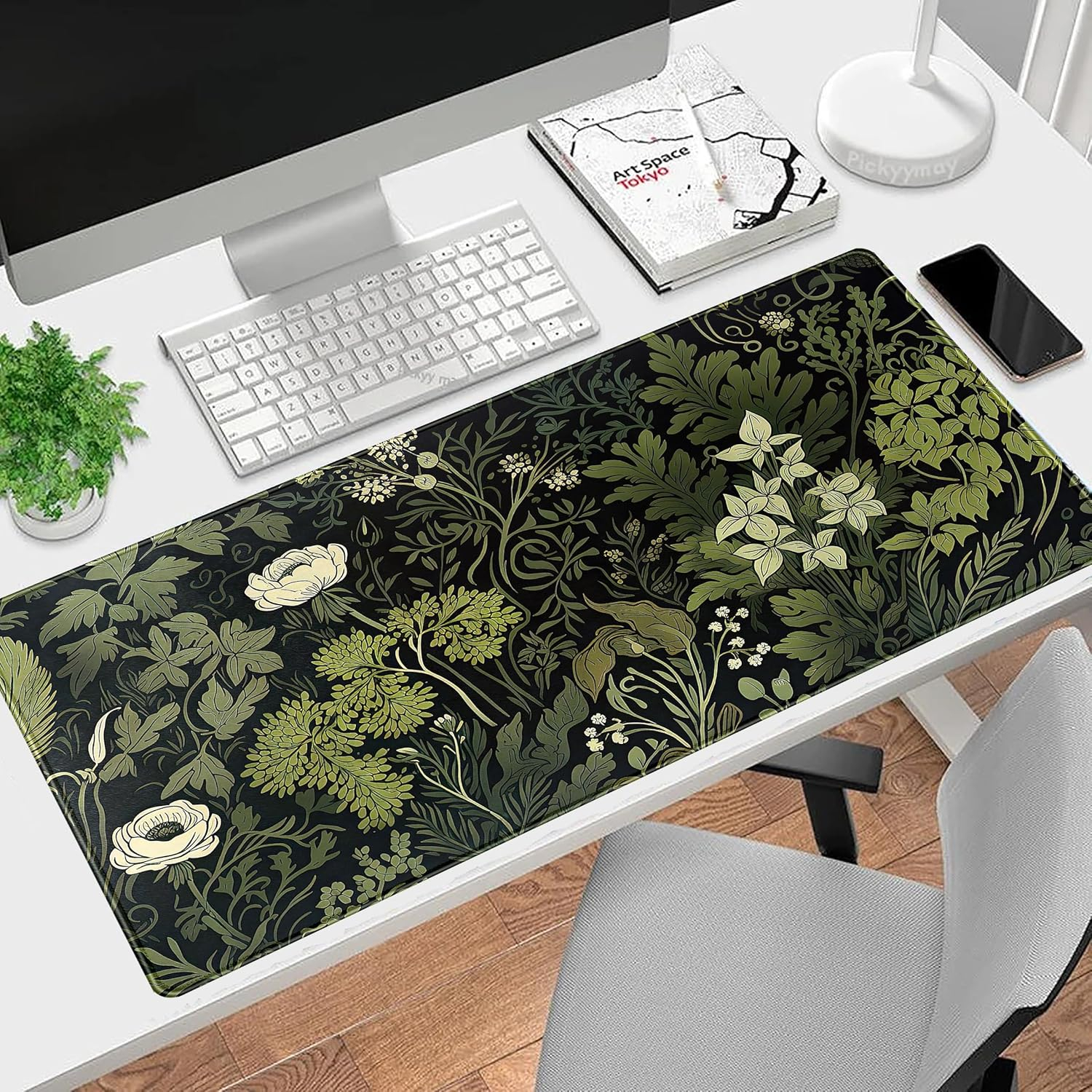 Green Leaves Beige Plants Pad, Large Extend Mouse Pad XXL, Freshness Foliage Keyboard Mat, Black Esthetics Desktop Mat Laptop Wireless Mouse Mat, Gift for Women 31.5"x15.75"