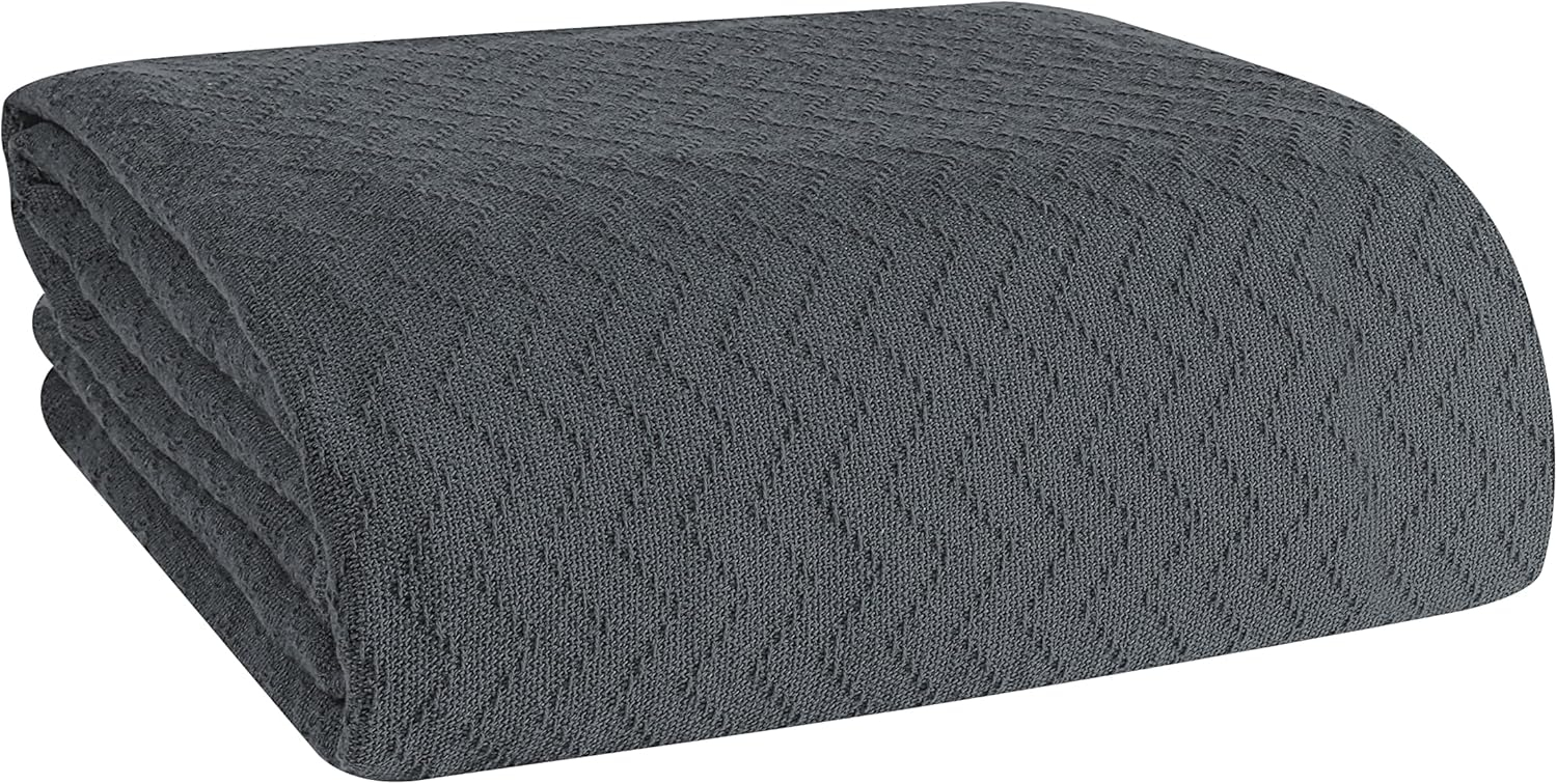 BELIZZI HOME 100% Cotton Bed Blanket, Breathable Thermal Blanket King Size, Soft Chevron 90''x102'', Perfect for Layering Any All Season, Charcoal Grey