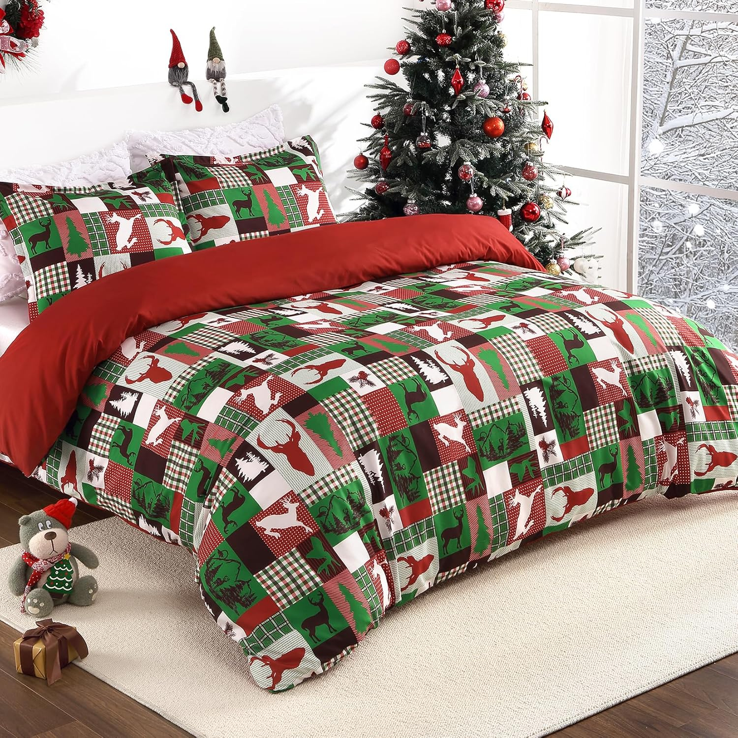 Caromio Christmas Duvet Cover Queen Size - Reindeer Patchwork Printed Decorations, Soft and Breathable Bedding Set (Queen, 90"x90")