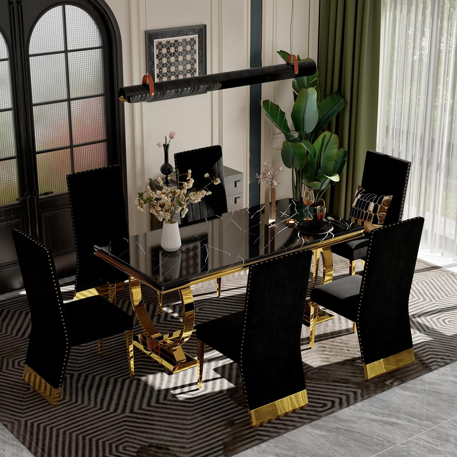 7 Pieces Black and Gold Dining Table Set, Kitchen and Dining Room Table Set with 6 Black Velvet Upholstered Chairs, 72" Rectangular Dining Table Set for 6