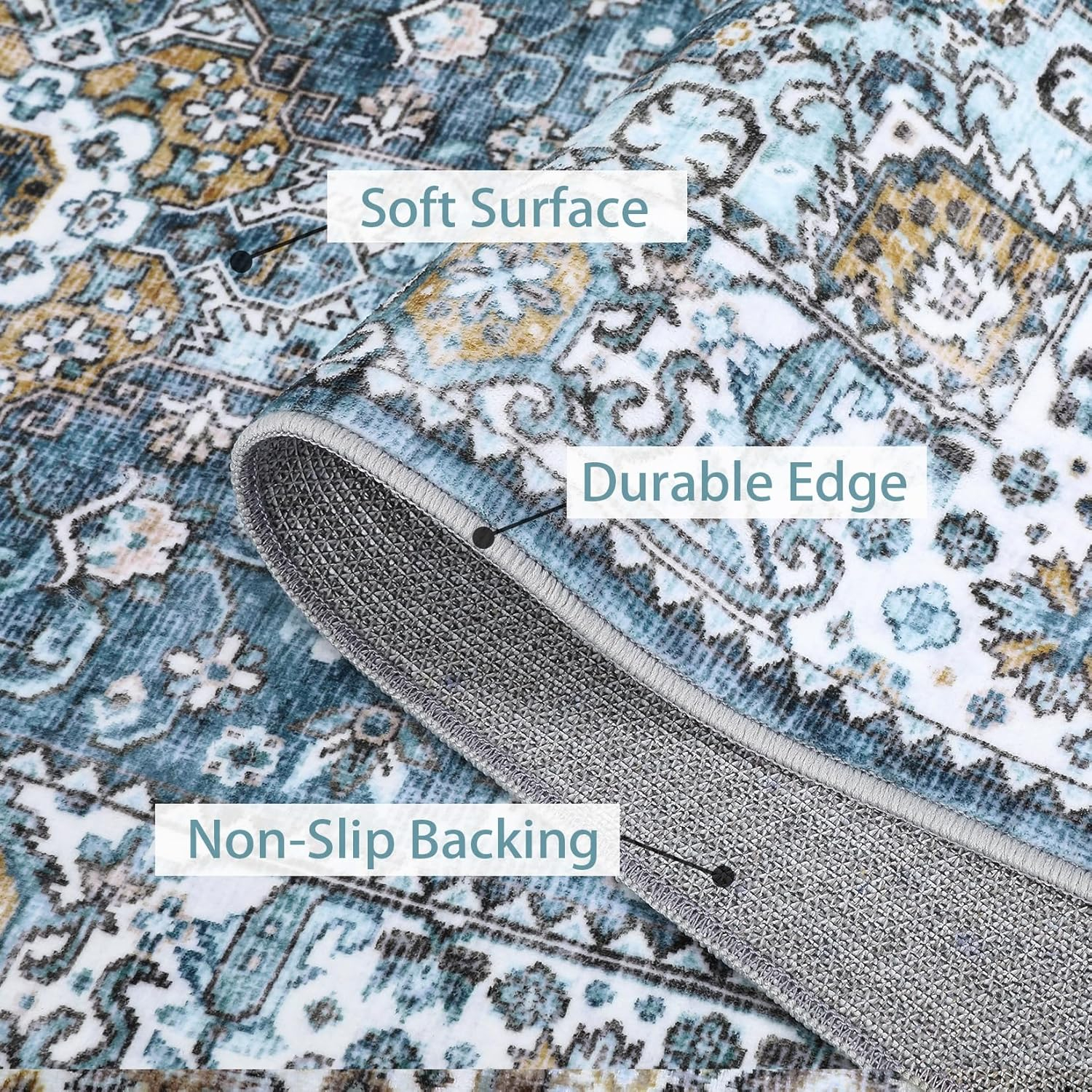 Garvee 9x12 Area Rug Large Vintage Distressed Rug Medallion Floral Print Rug Machine Washable Area Rugs for Living Room Bedroom Non-Slip Low Pile Accent Rug, Blue