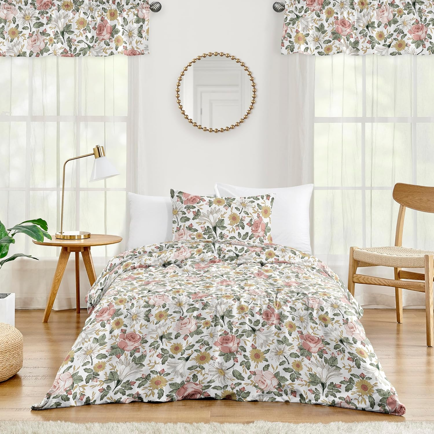 Sweet Jojo Designs Pink and Green Vintage Floral Rose Twin Bed Comforter Bedding Set