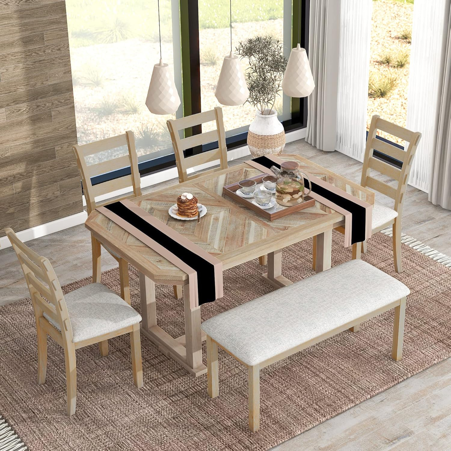 Dining Table Set for 6, 6 Piece Wood Kitchen Table Set, Dining Table and Chairs Set, Home Furniture Table Set with Chairs & Bench, Natural Wood Wash