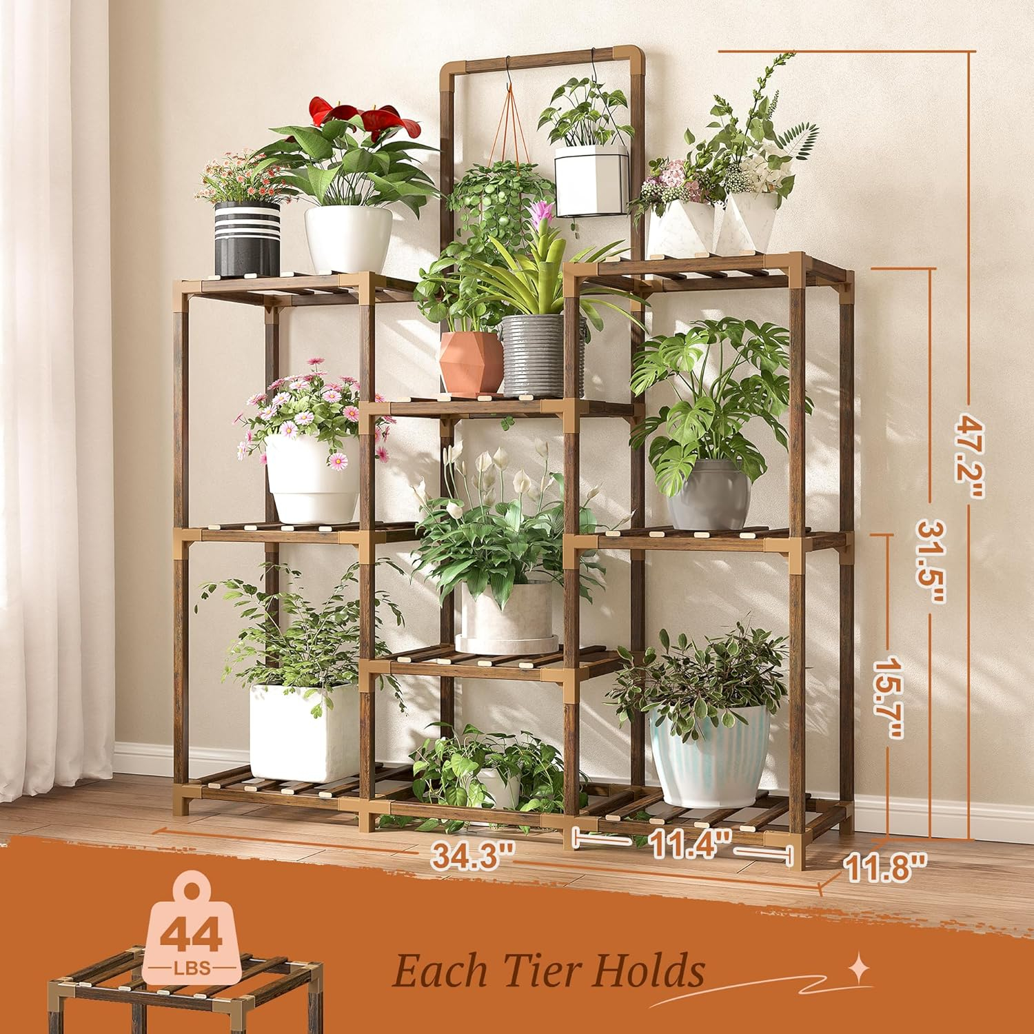 EnHomee Plant Stand Indoor Large Plant Stand Outdoor 5 Tiers Wood Tiered Plants Shelf for Multiple Plants with 10-15 Potted 34.3" W x 11.8" D x 47.2" H