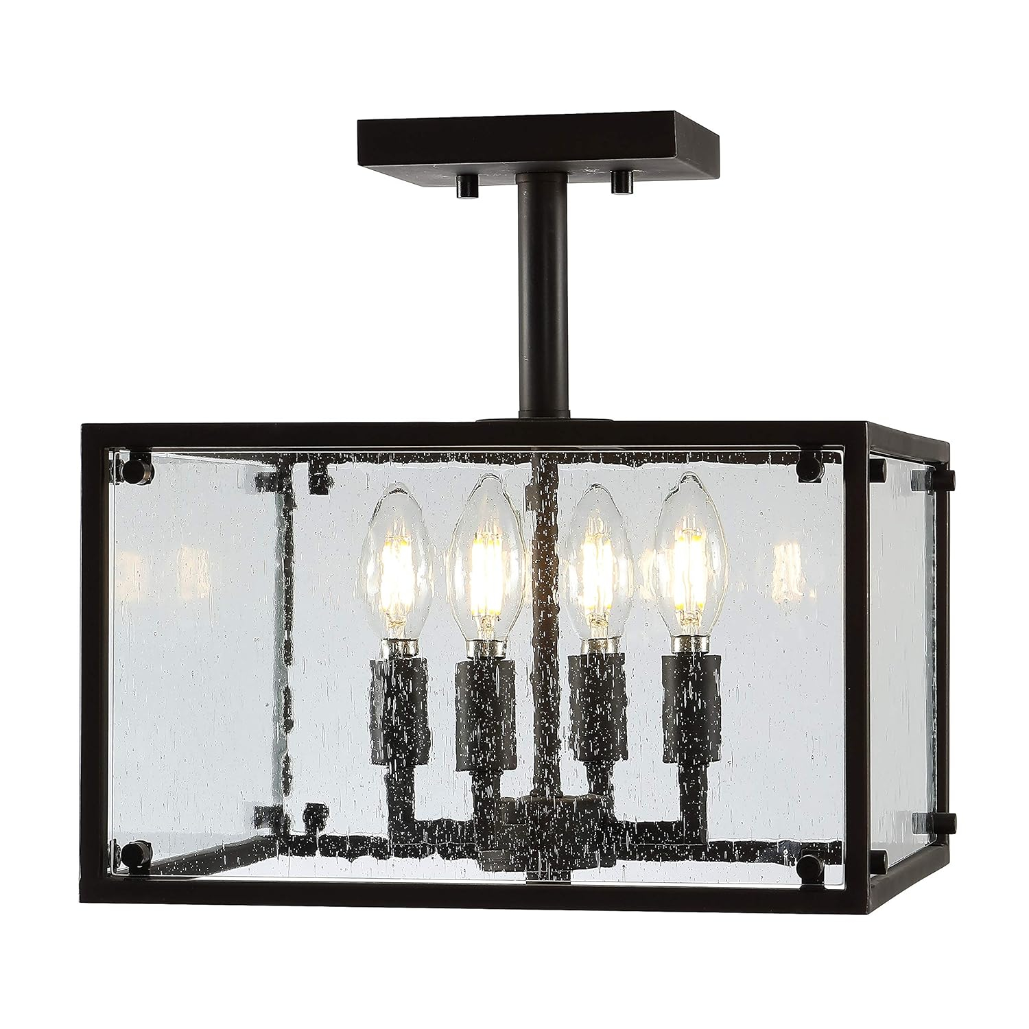 Paysan 13" 4-Light Iron/Seeded Glass Rustic Farmhouse LED Flush Mount, Oil Rubbed Bronze