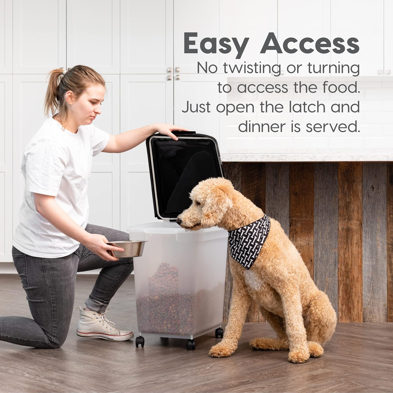IRIS USA Airtight Dog Food Storage Container, WeatherPro, Up to 50 lbs, Removable Wheels, for Dog Cat Bird and Other Pet Food Storage Bin, Keep Fresh, Translucent Body, Made in USA, Clear/Black