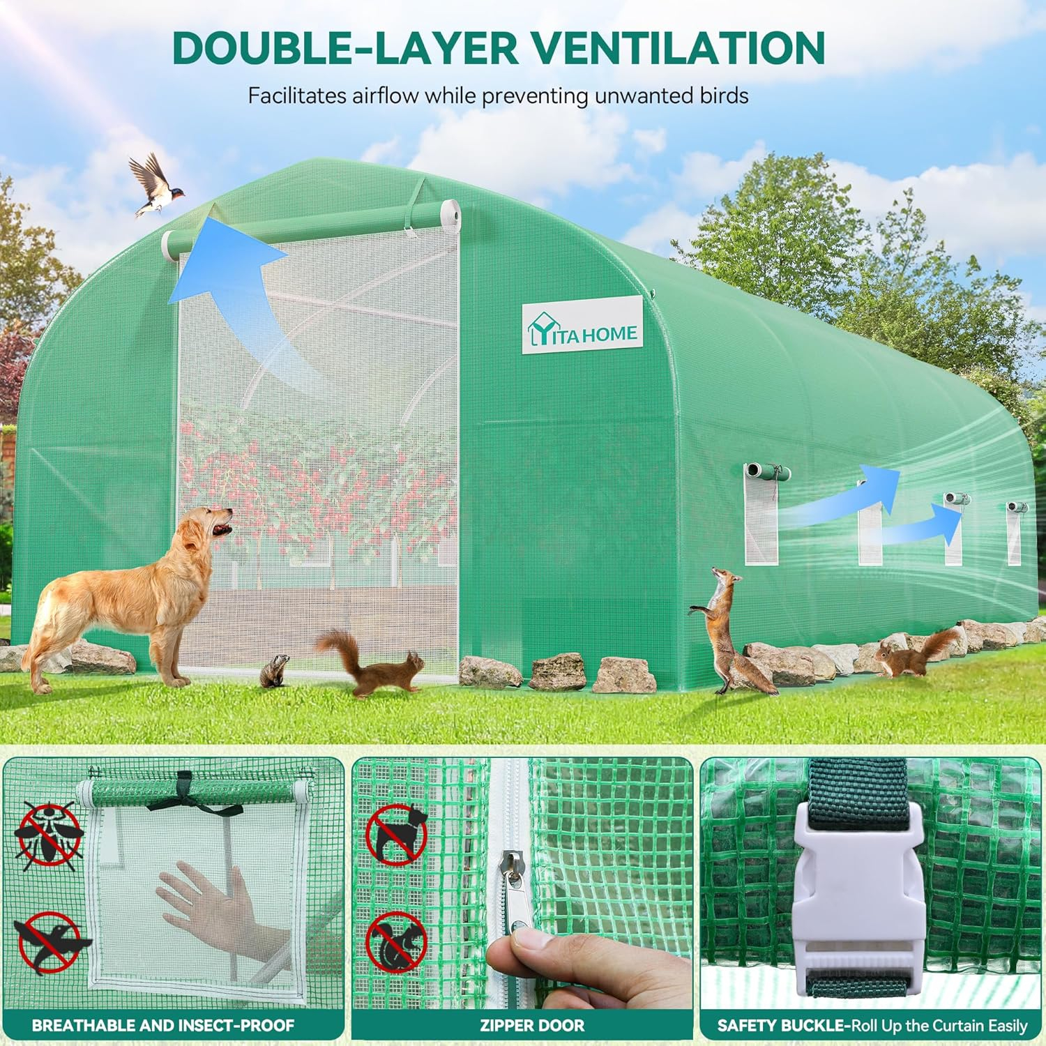 YITAHOME 20x10x6.5ft Greenhouse Large Heavy Duty Tunnel Green Houses Outdoor Plant Gardening Upgraded Galvanized Steel Frame Zipper Doors 7 Crossbars Garden, Green