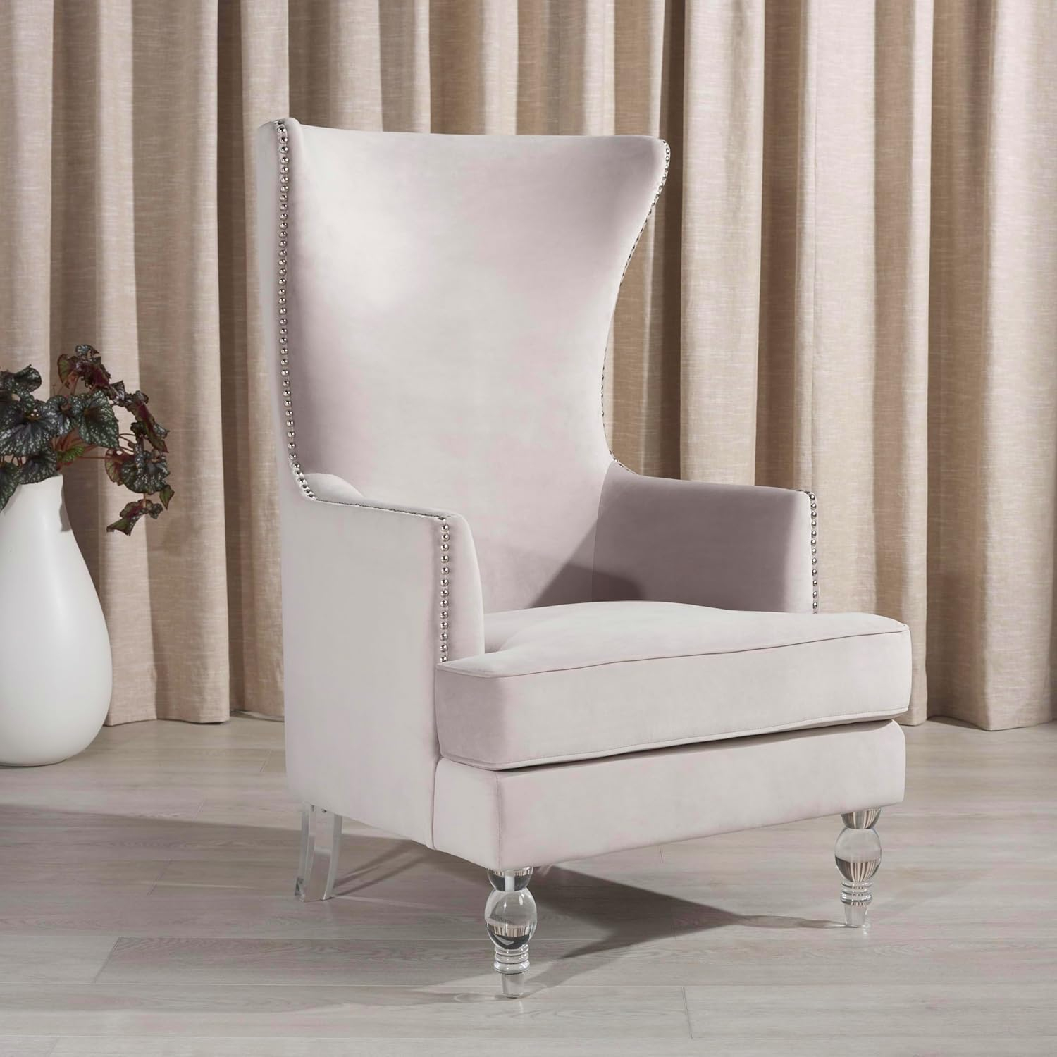 Pale Taupe Velvet Wingback Chair with Acrylic Legs