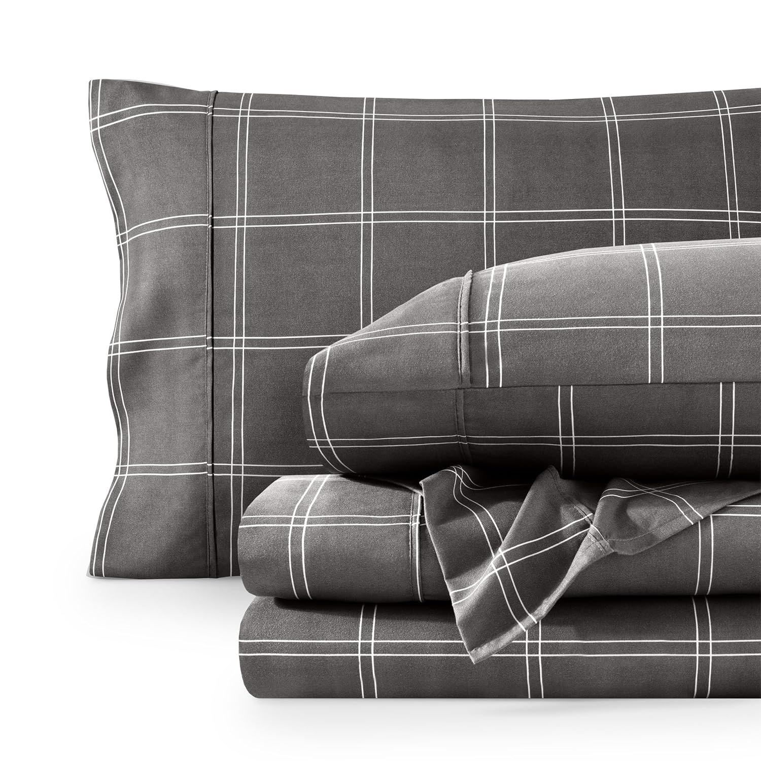 Bare Home Ultra-Soft Sheet Set - Premium 1800 Collection - Deep Pockets - 4-Pieces - King, Modern Plaid - Gray/White