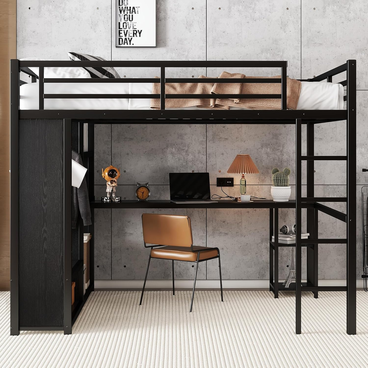 Bellemave Queen Size Loft Bed with Desk and Wardrobe Metal Loft Bed with Storage Shelves Loft Bed Frame with Guardrails for Kids, Teens, No Box Spring Needed (Queen, Black)