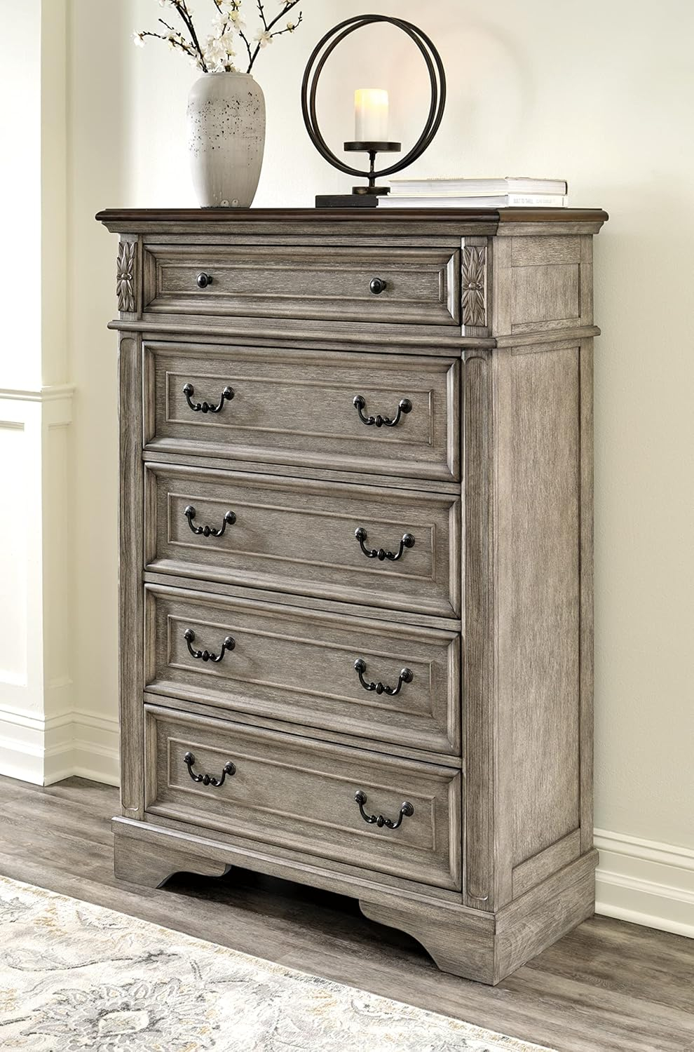 Gray and Walnut Transitional Five-Drawer Chest with Dovetail Construction