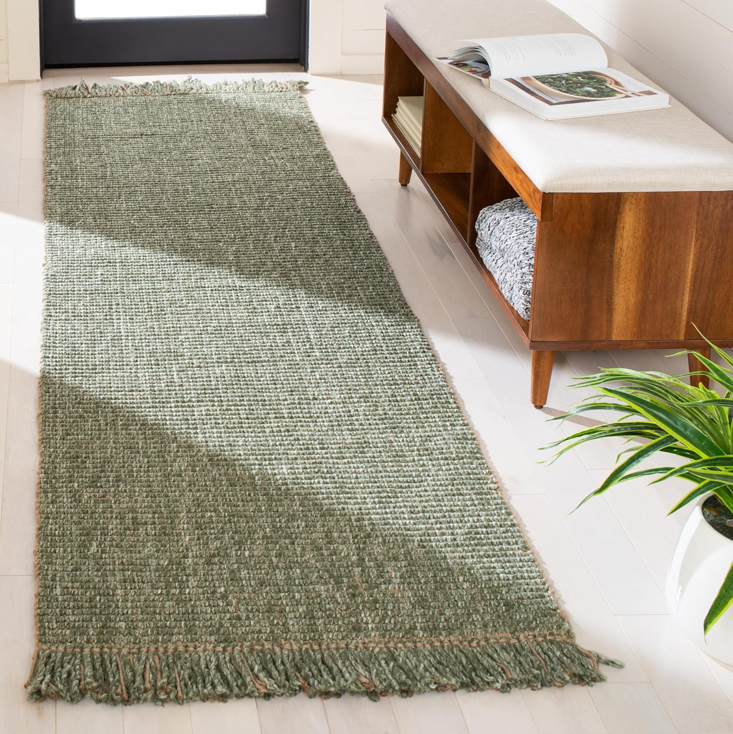 Handmade Charcoal and Natural Wool Runner Rug with Fringe