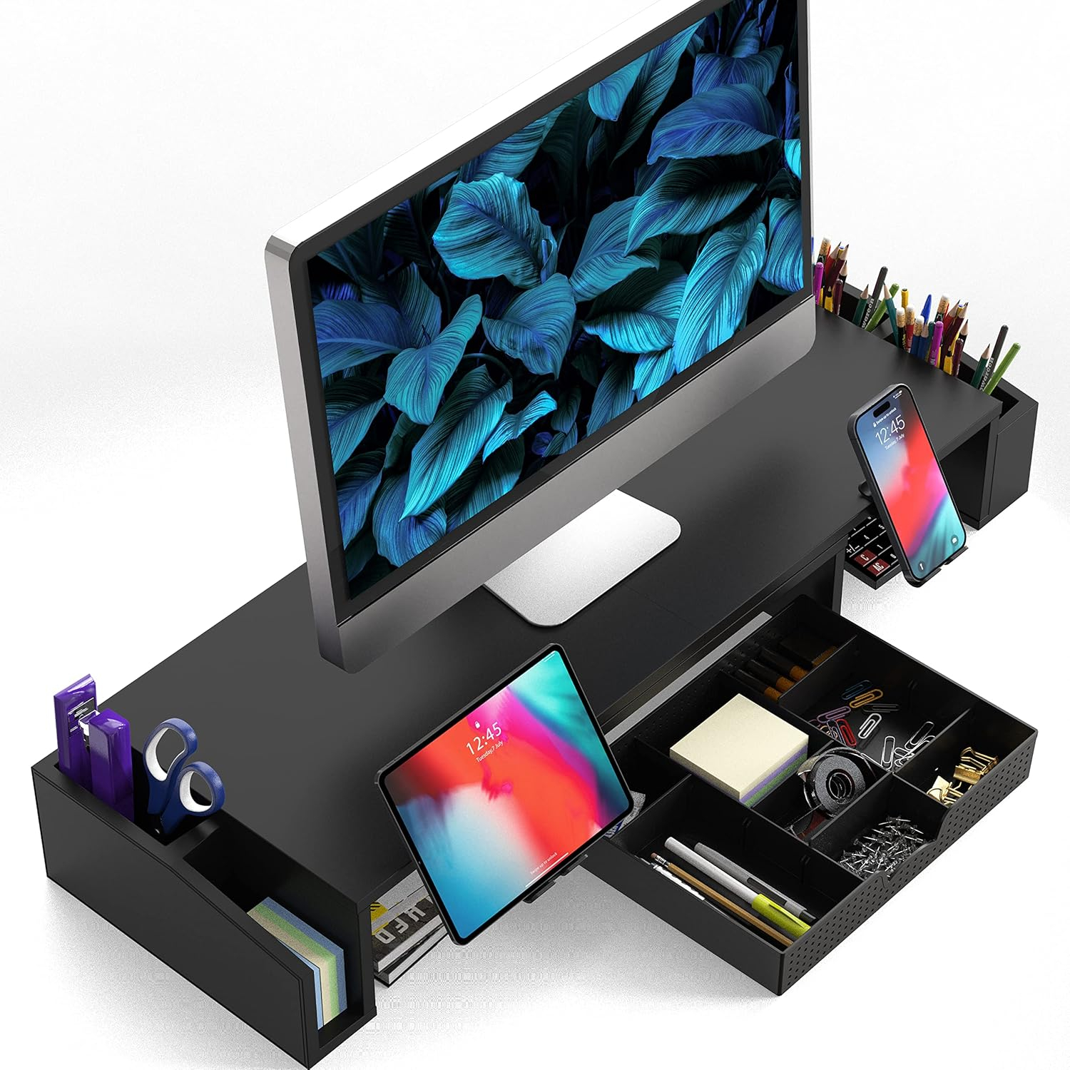 Desk Dual Monitor Stand Riser with Drawer, Black
