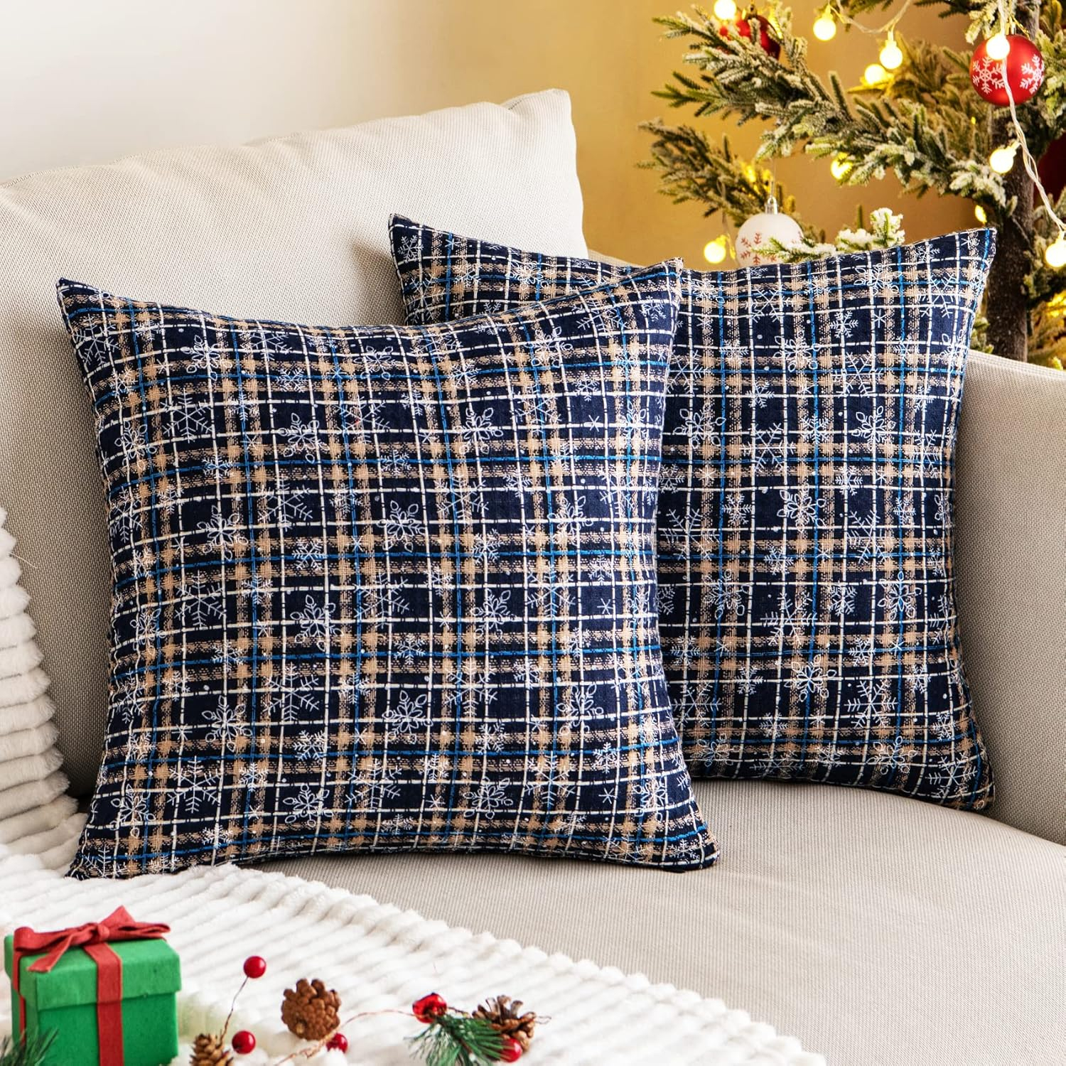 Red and Beige Tartan Plaid Snowflake 18" Polyester Euro Pillow Covers