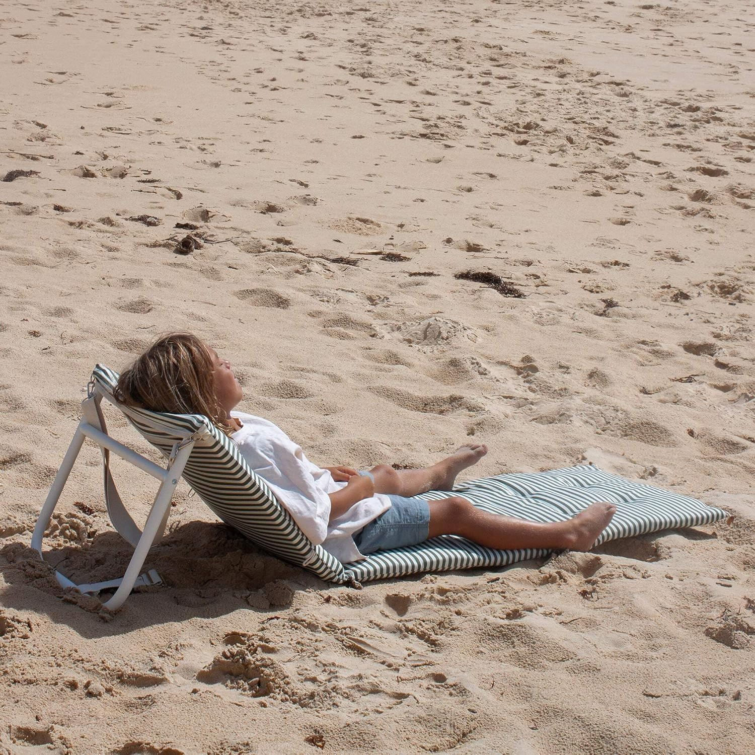 Olive and Cream Striped Cotton Canvas Beach Lounger