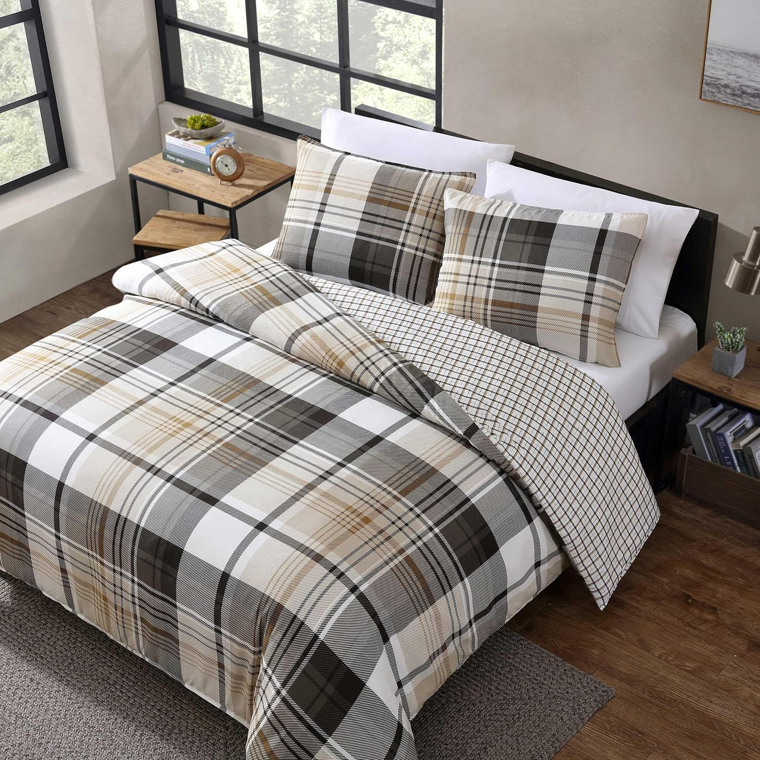 Eddie Bauer - Twin Duvet Cover Set, Reversible Microsuede Bedding Set with Matching Shams, Casual Home Decor (Normandy Plaid Black, Twin)