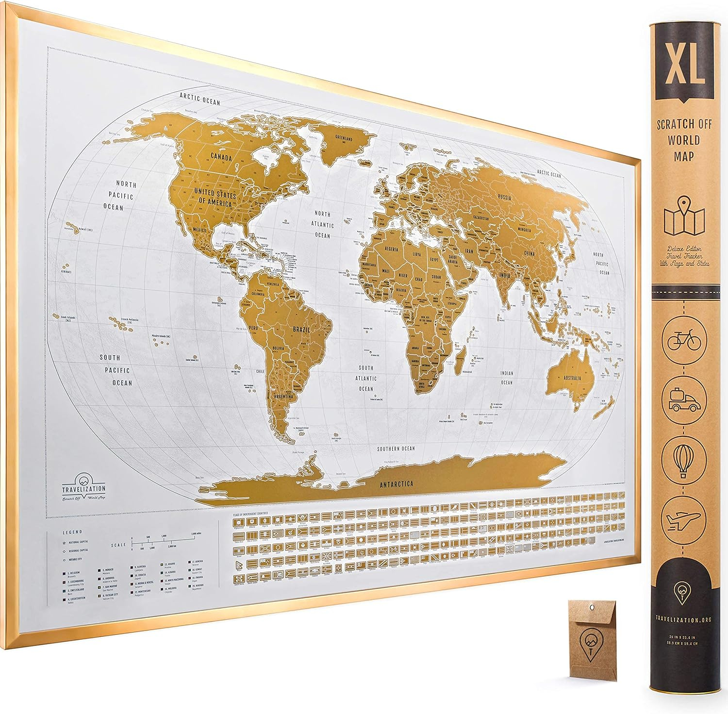 XL Scratch Off World Map with 196 Country Flags 36" x 24" Frameable Travel Map with Vibrant Colors and Premium Gold Coating, Beautiful Visited Places Tracker for Travelers, White