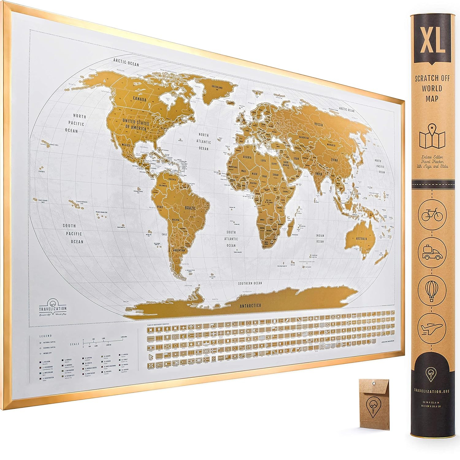 XL Scratch Off World Map with 196 Country Flags 36" x 24" Frameable Travel Map with Vibrant Colors and Premium Gold Coating, Beautiful Visited Places Tracker for Travelers, White