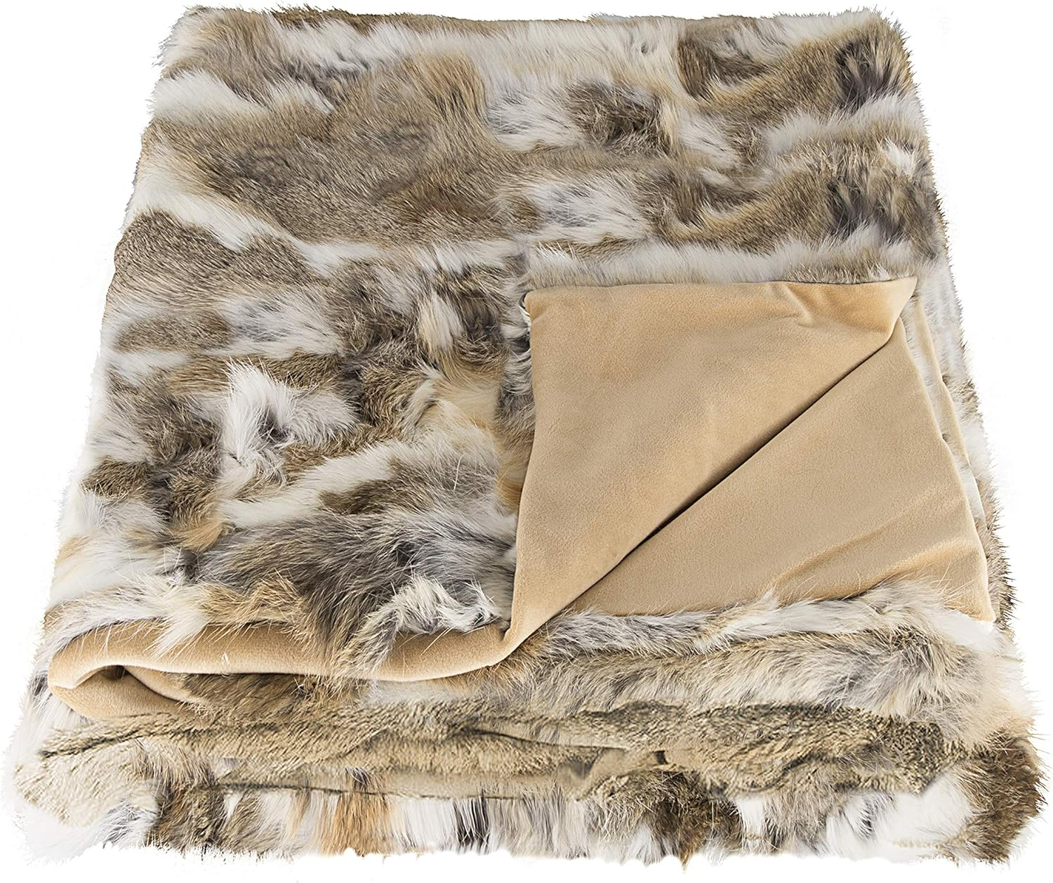 Natural Thick and Lush Pile Soft Microsuede Backing Genuine Rabbit Fur Throw Blanket, Tan, 50 in x 60 in
