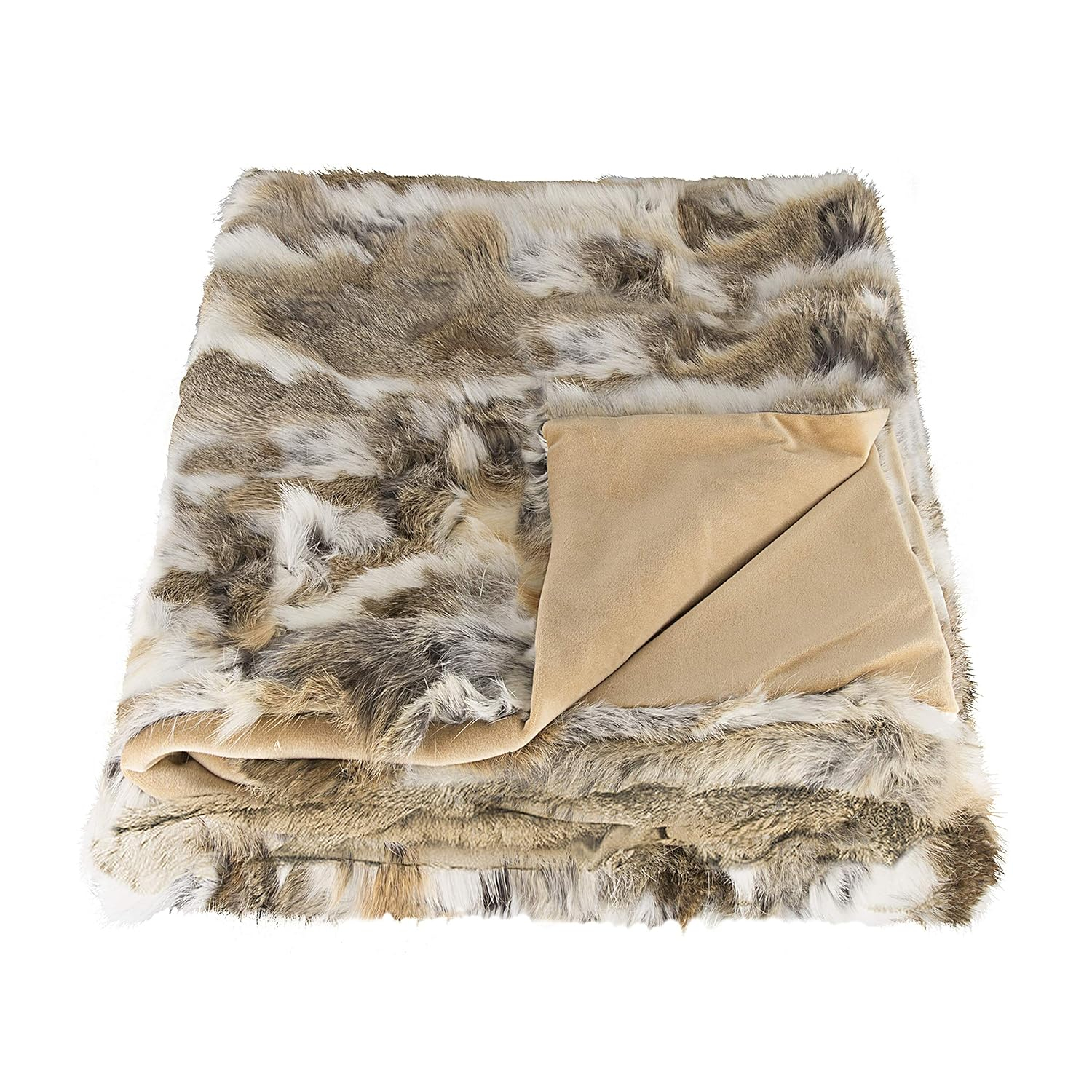 Natural Thick and Lush Pile Soft Microsuede Backing Genuine Rabbit Fur Throw Blanket, Tan, 50 in x 60 in
