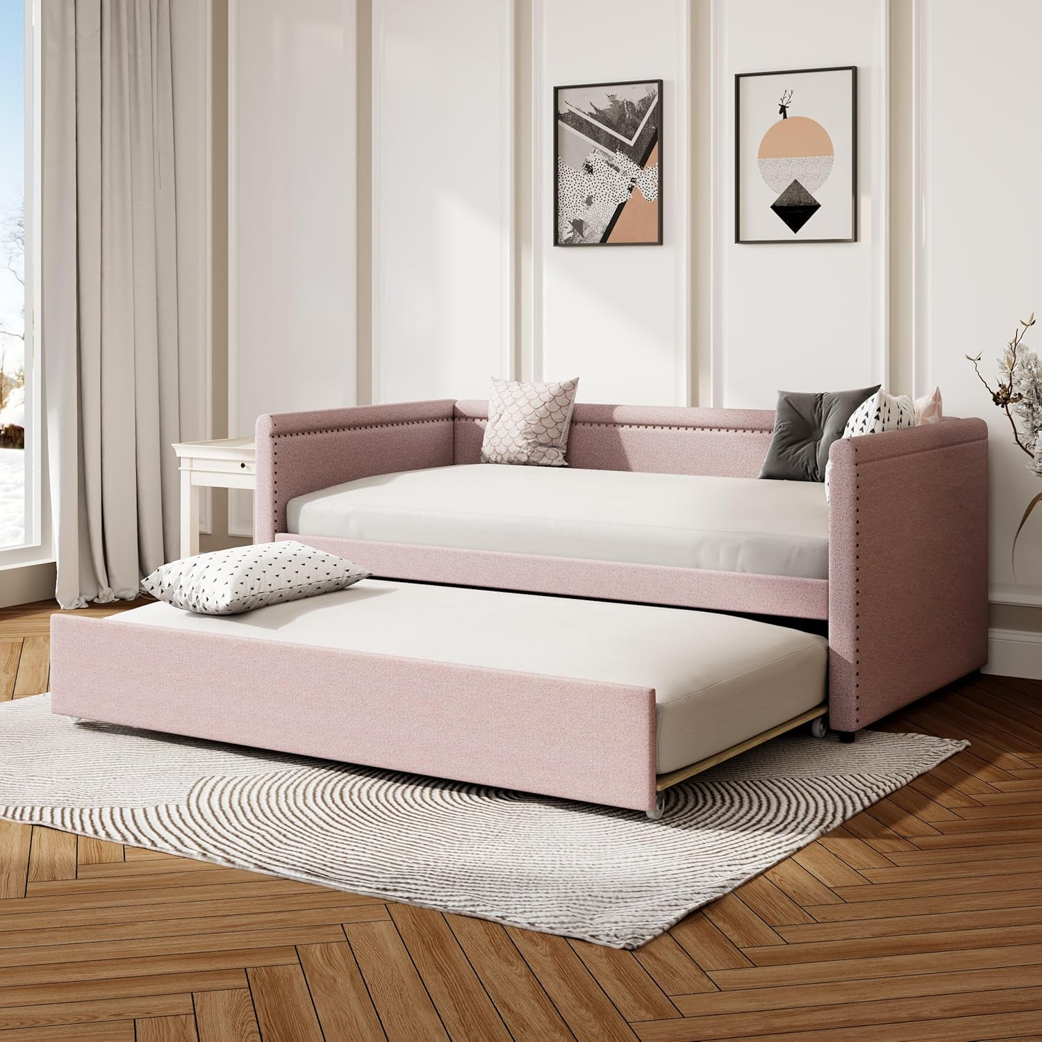 Pink Modern Style Twin Size Linen Upholstered Daybed with Trundle, Curved Arms, Nailhead Trims