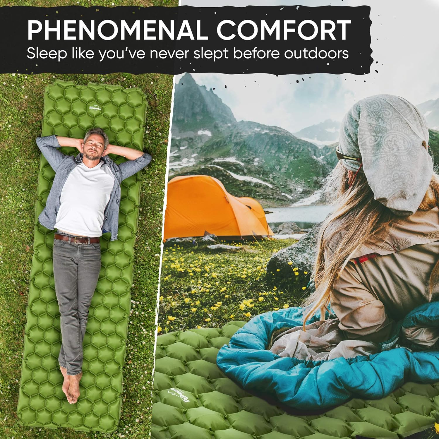 POWERLIX Ultralight Inflatable Camping Sleeping Pad - Camping Mattress for Backpacking, Hiking, Compact Lightweight Sleeping Mat for Camping, Inflation Bag/Repair Kit Included