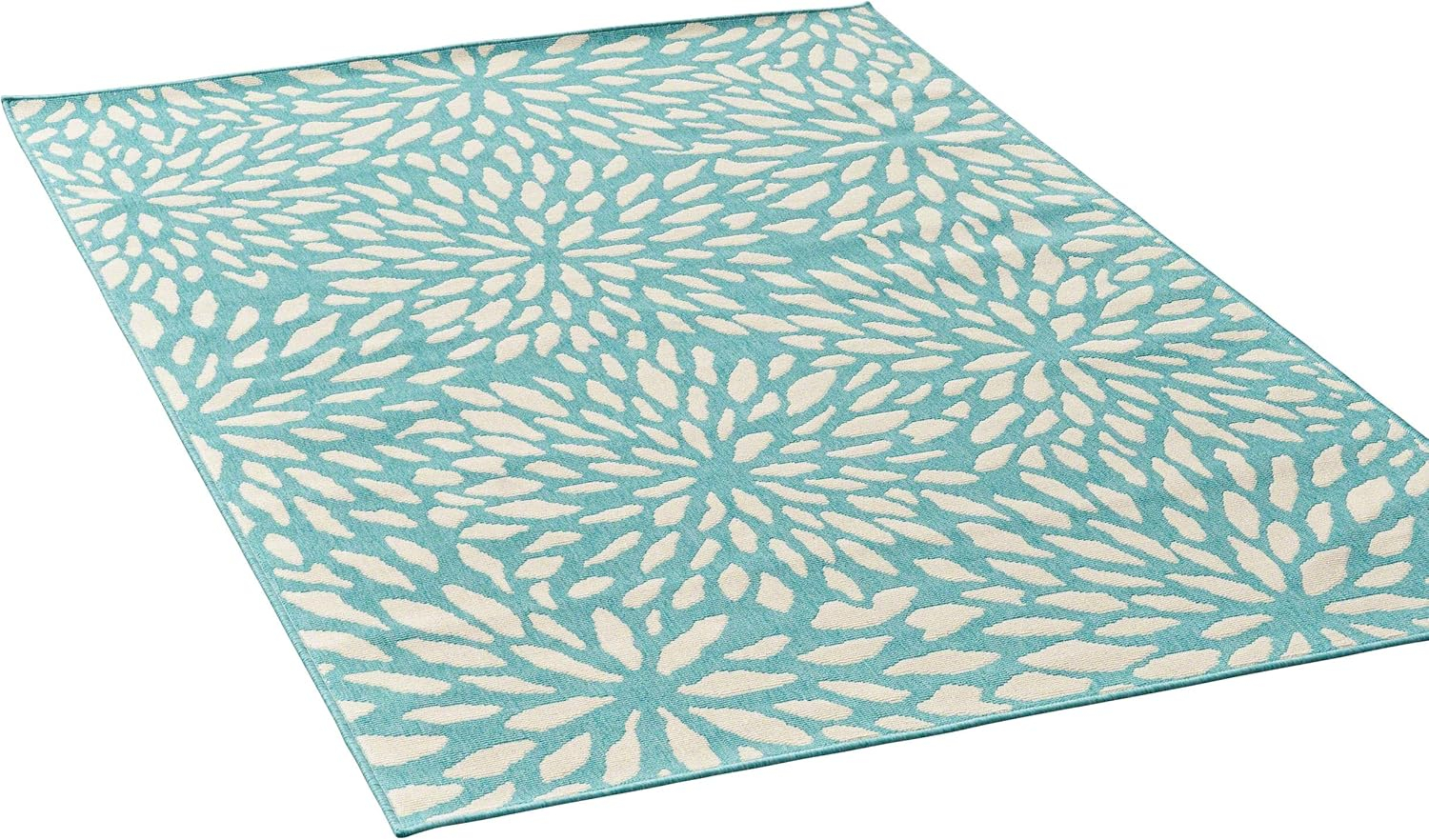 Ivory and Blue Floral Rectangular Stain-Resistant Outdoor Rug